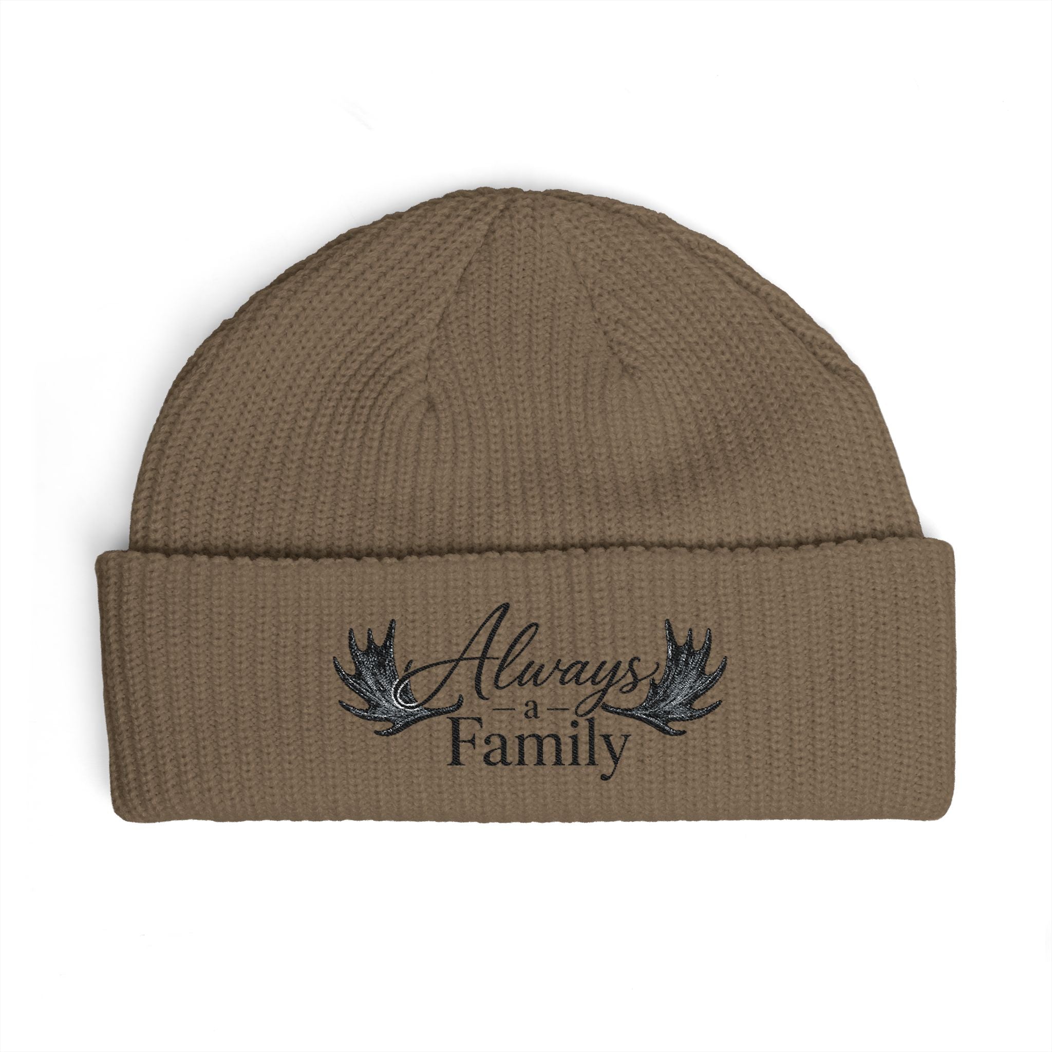 Cuff Beanie — "Always a Family" Embroidered Knit Hat