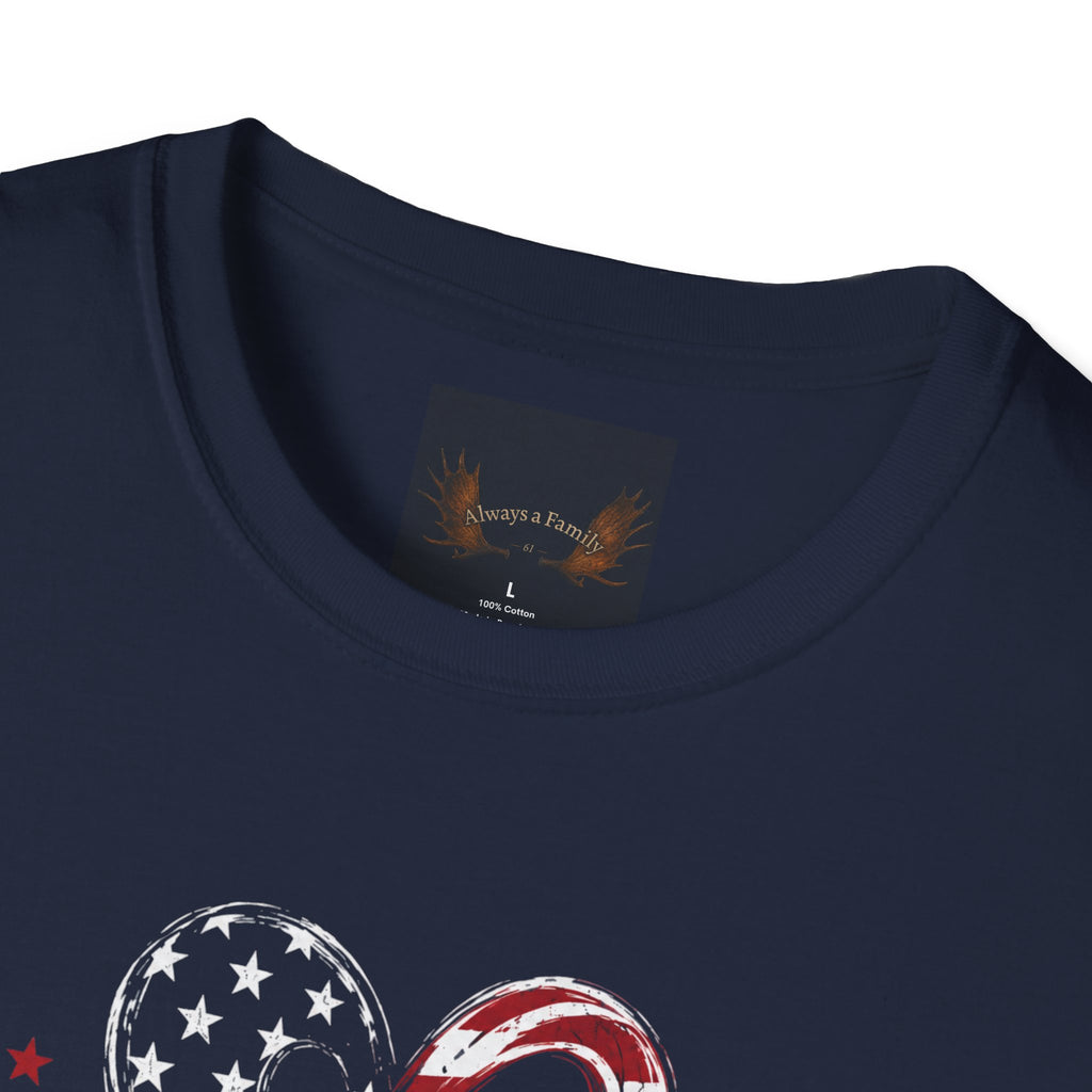 Always a Family T-Shirt — American Flag Heart "Family • Freedom" Patriotic Tee