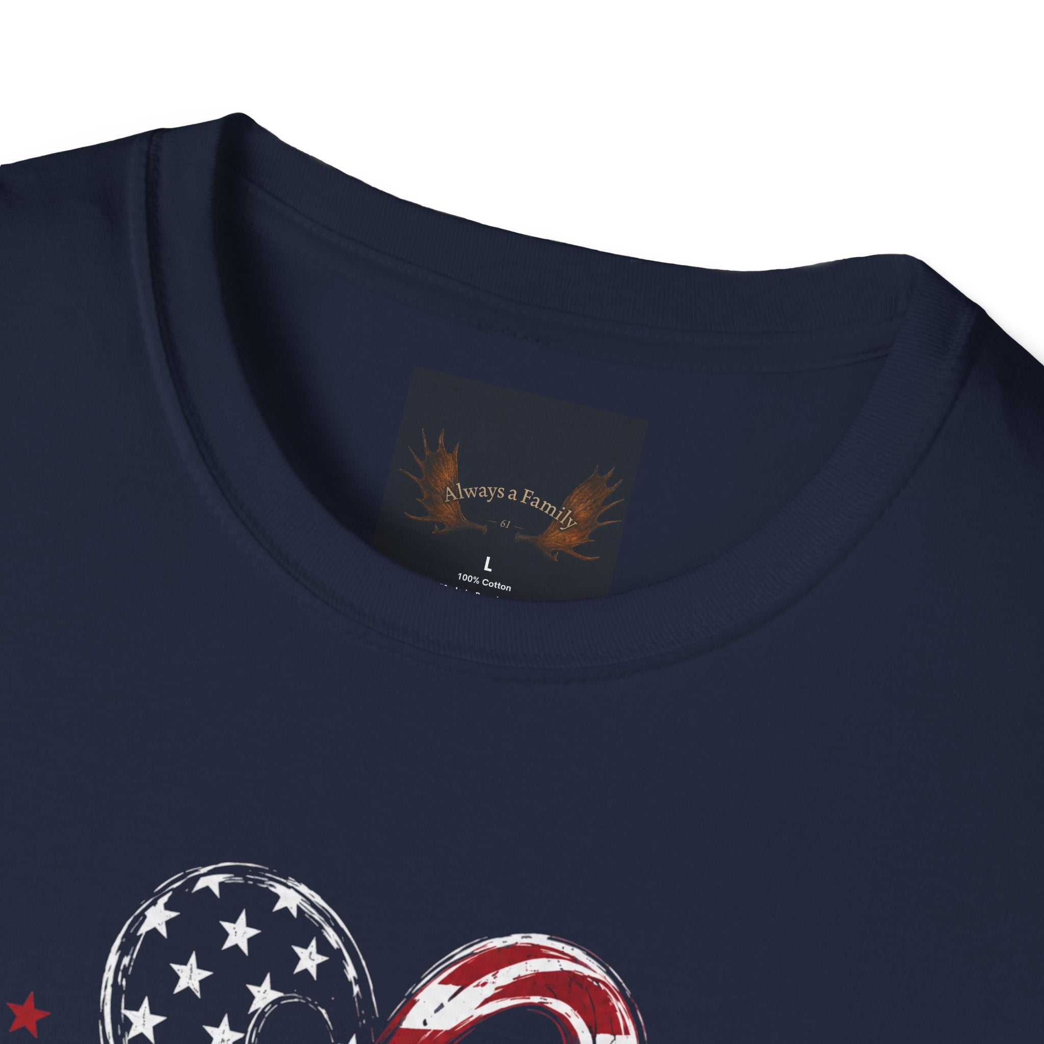Always a Family T-Shirt — American Flag Heart "Family • Freedom" Patriotic Tee