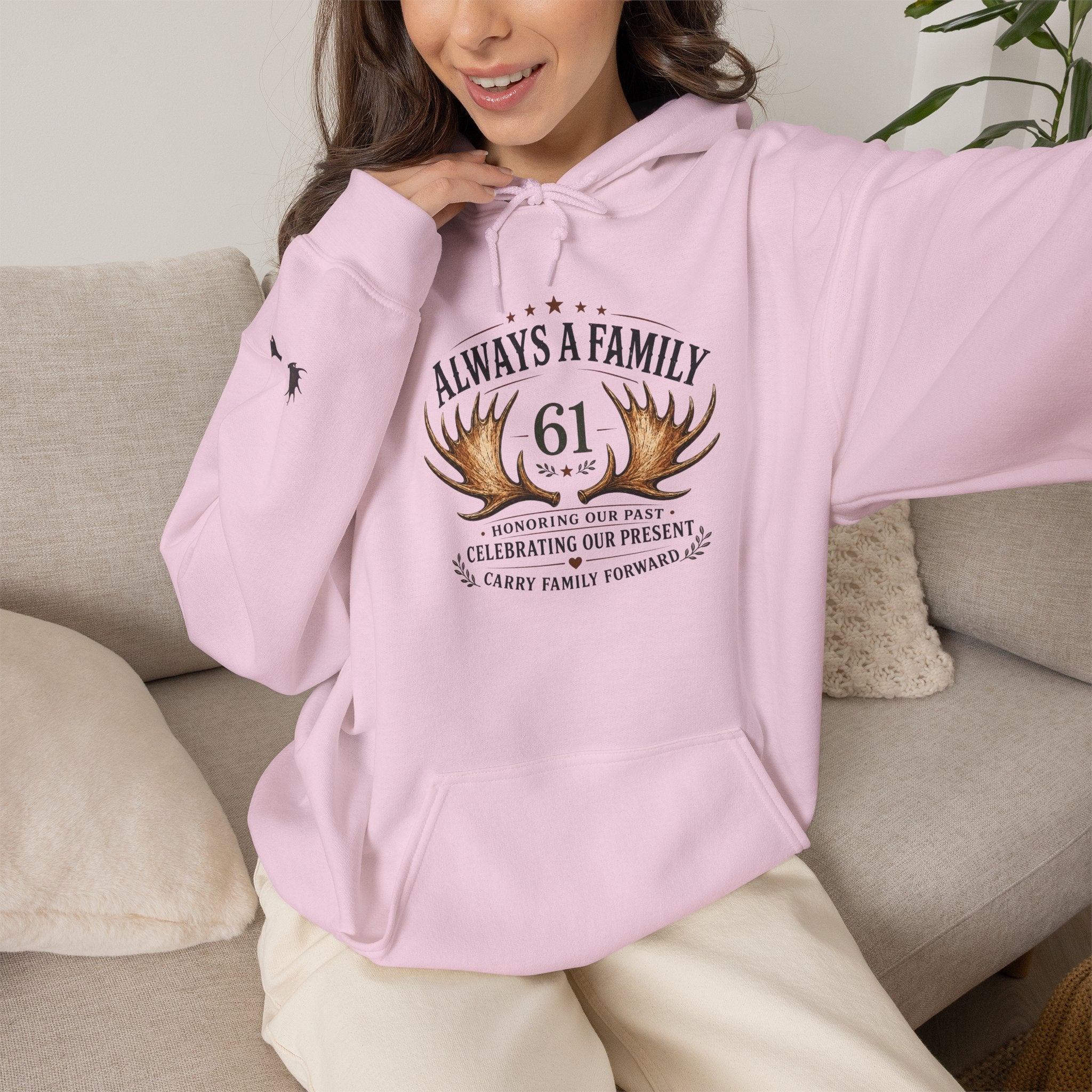 Hoodie — "Always a Family" Heart & Antlers Pullover