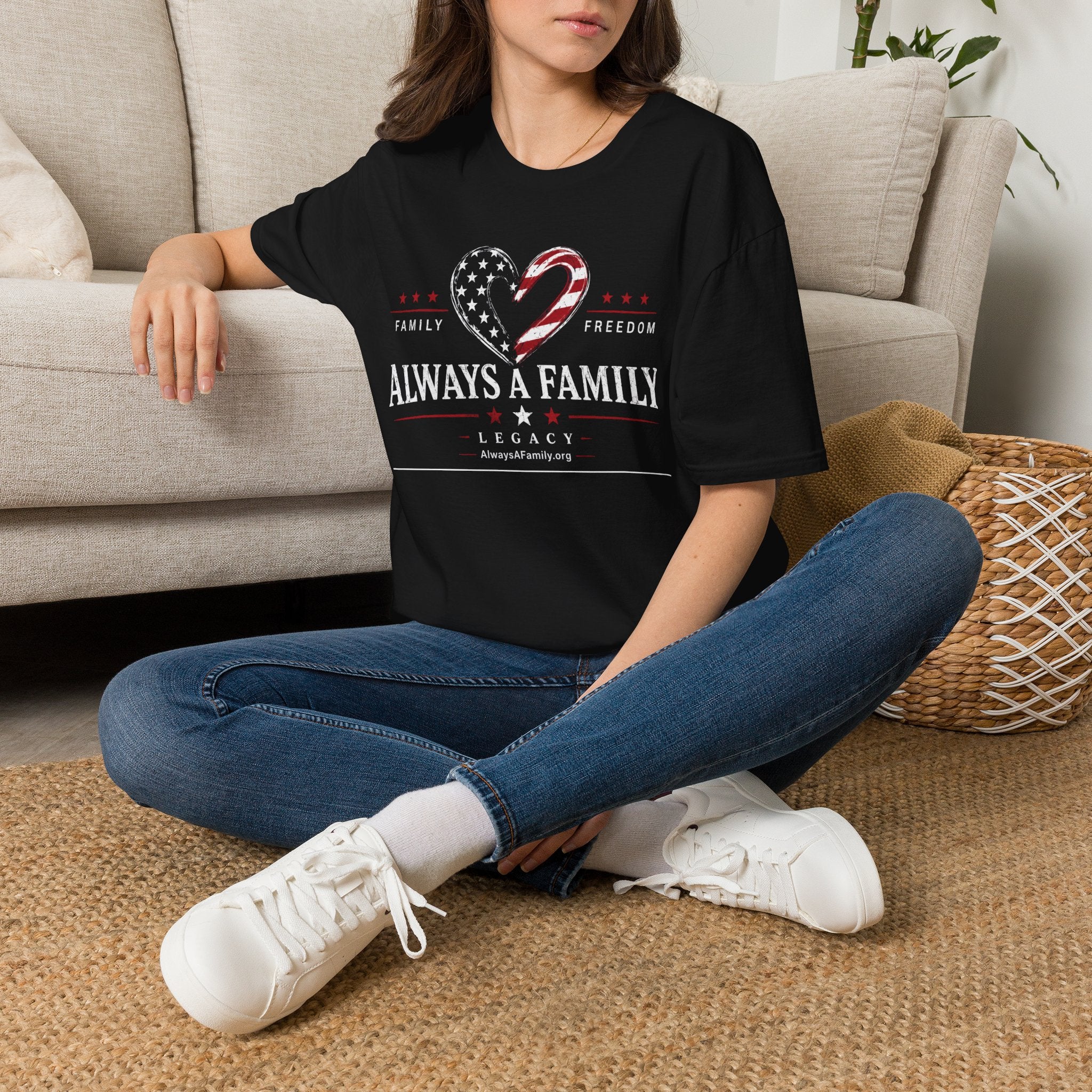 Always a Family T-Shirt — American Flag Heart "Family • Freedom" Patriotic Tee