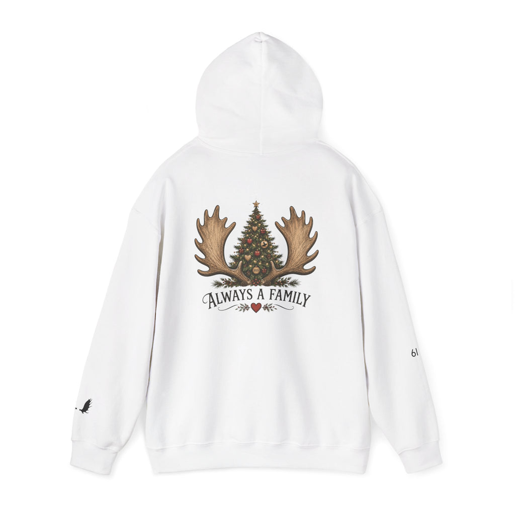 Hoodie — "Always a Family" Christmas Moose Antler Tree Holiday Hoodie