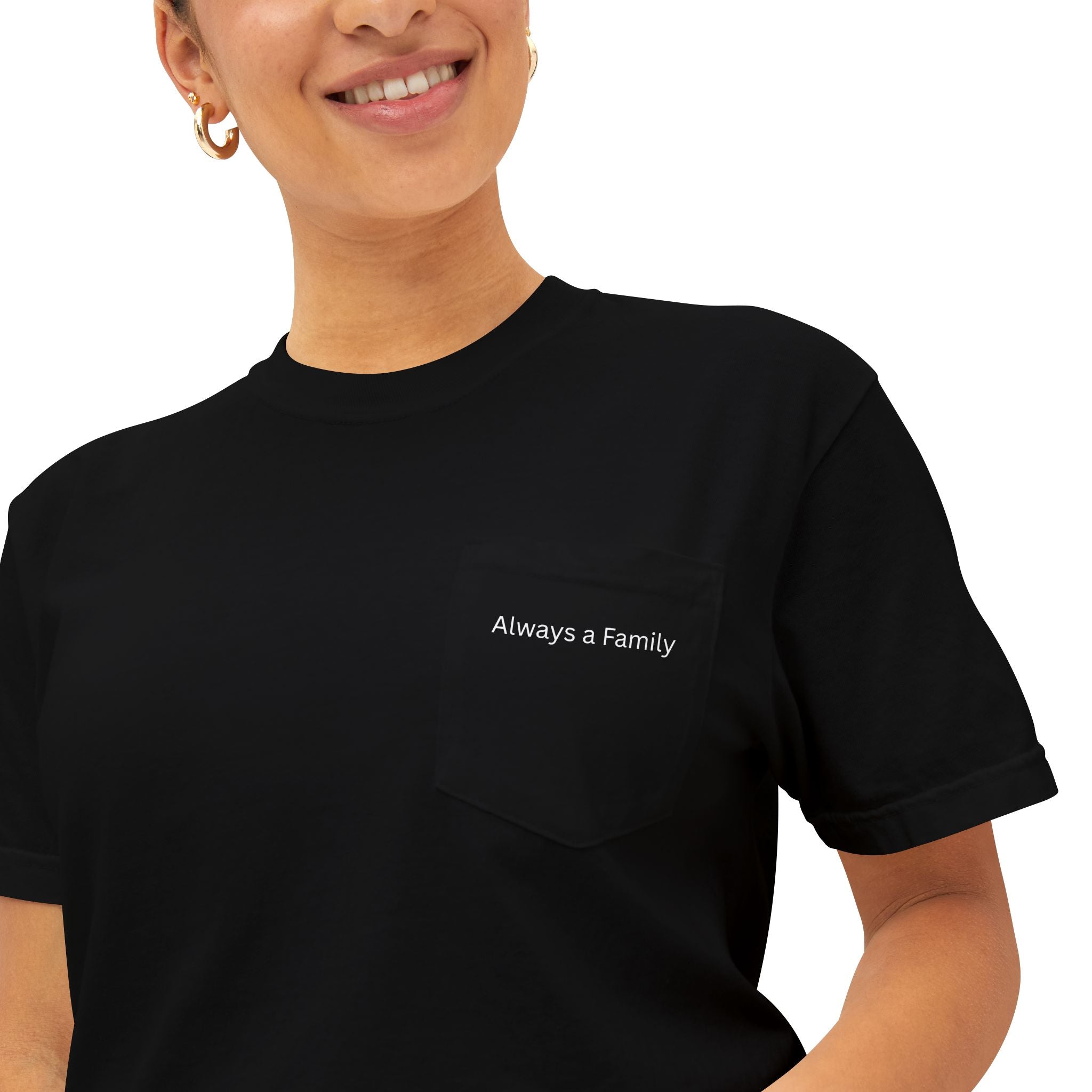 Pocket T-Shirt — Minimal 'Family' Chest Print, Garment-Dyed Casual Tee