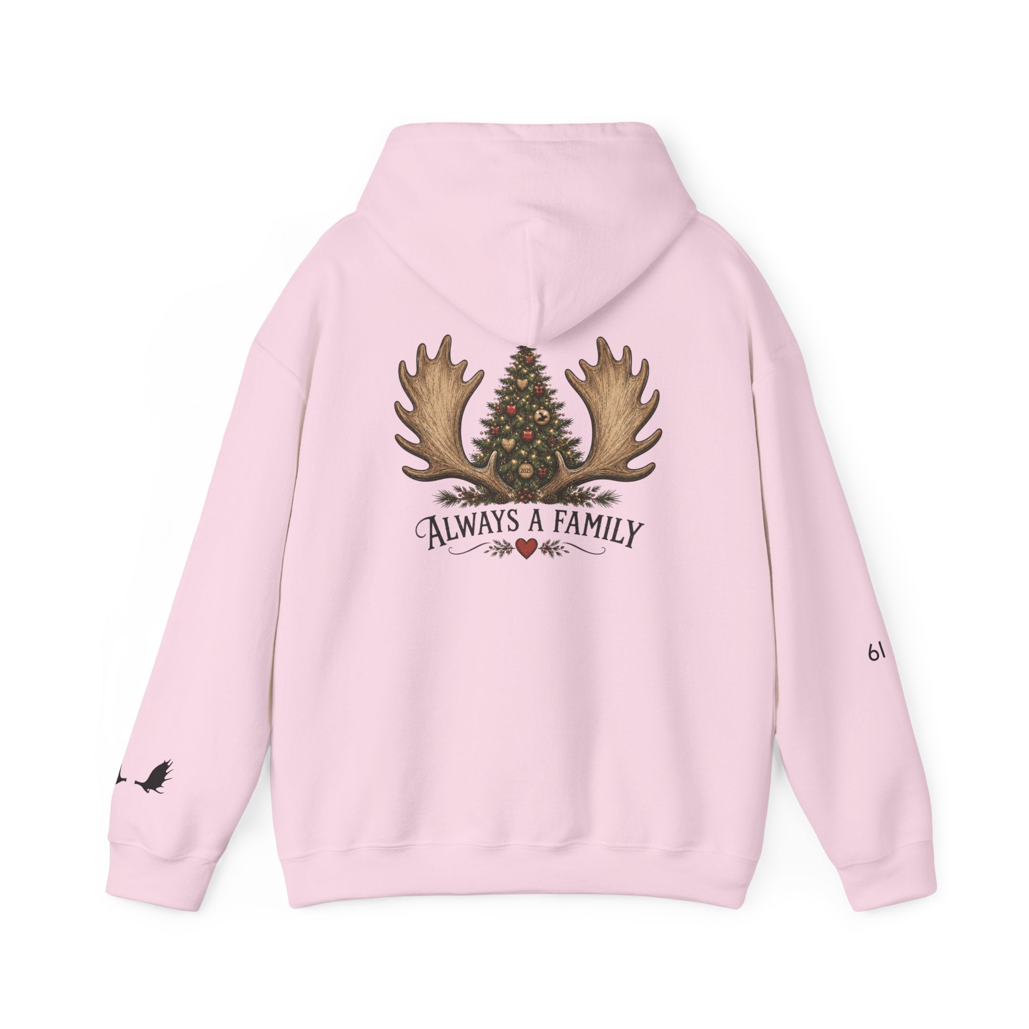 Hoodie — "Always a Family" Christmas Moose Antler Tree Holiday Hoodie