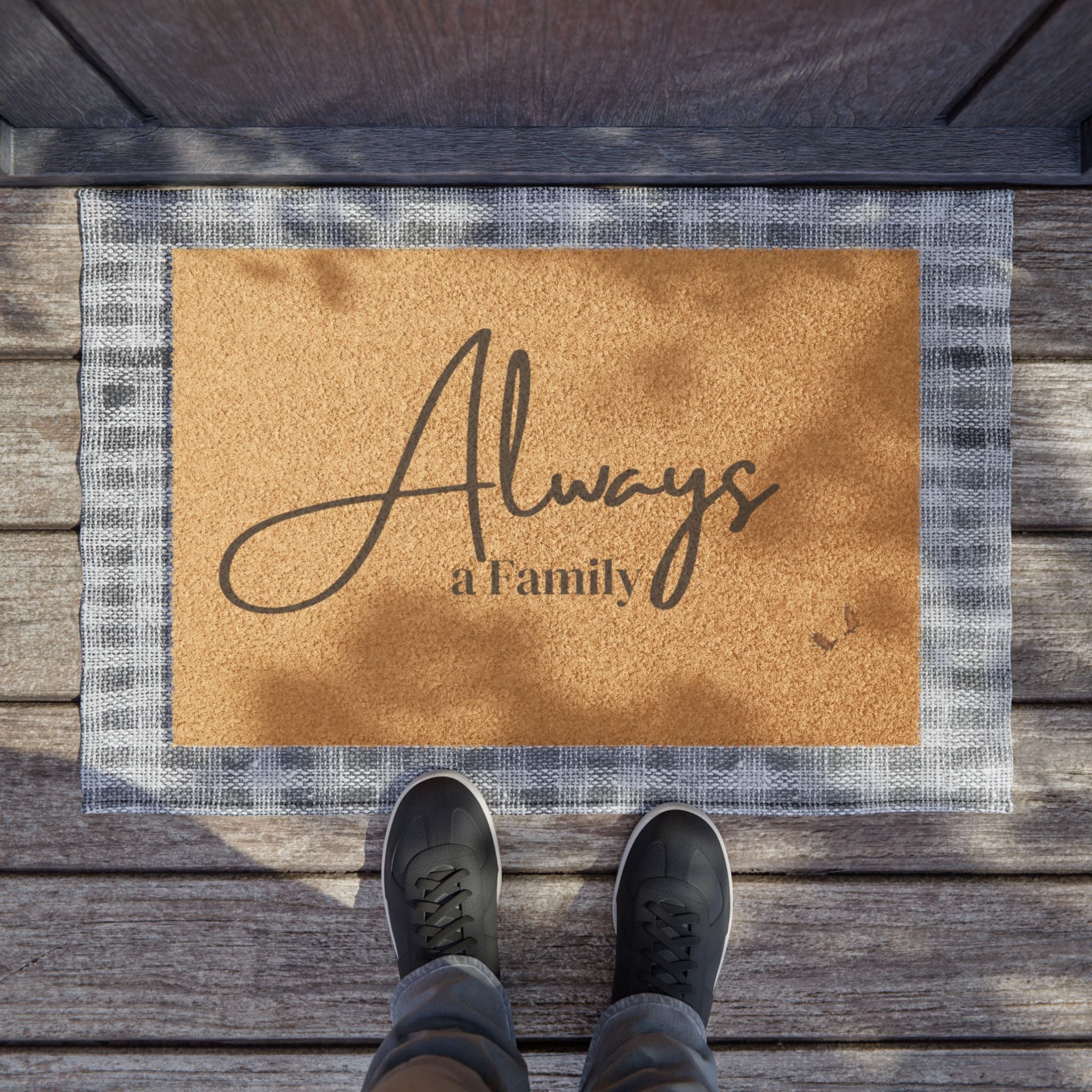 Always a Family Doormat — Welcome Coir Door Mat with Script Text