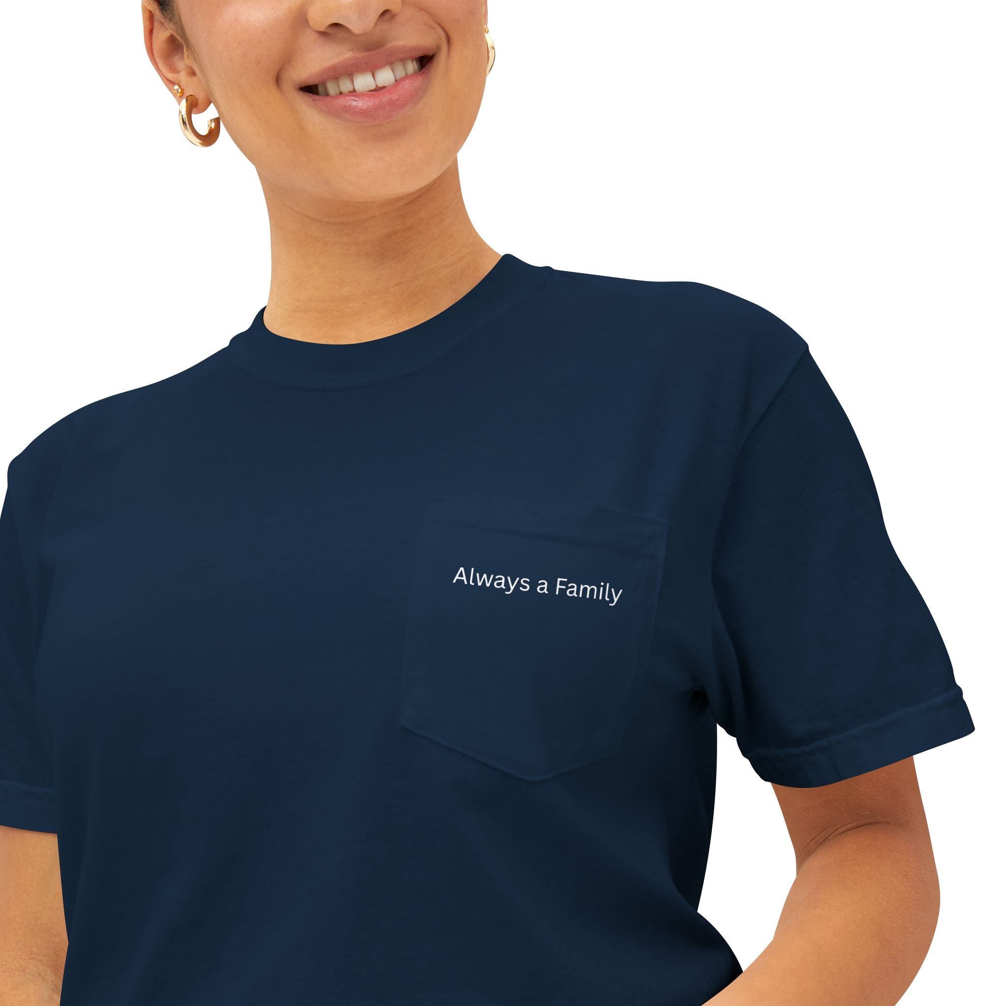 Pocket T-Shirt — Minimal 'Family' Chest Print, Garment-Dyed Casual Tee
