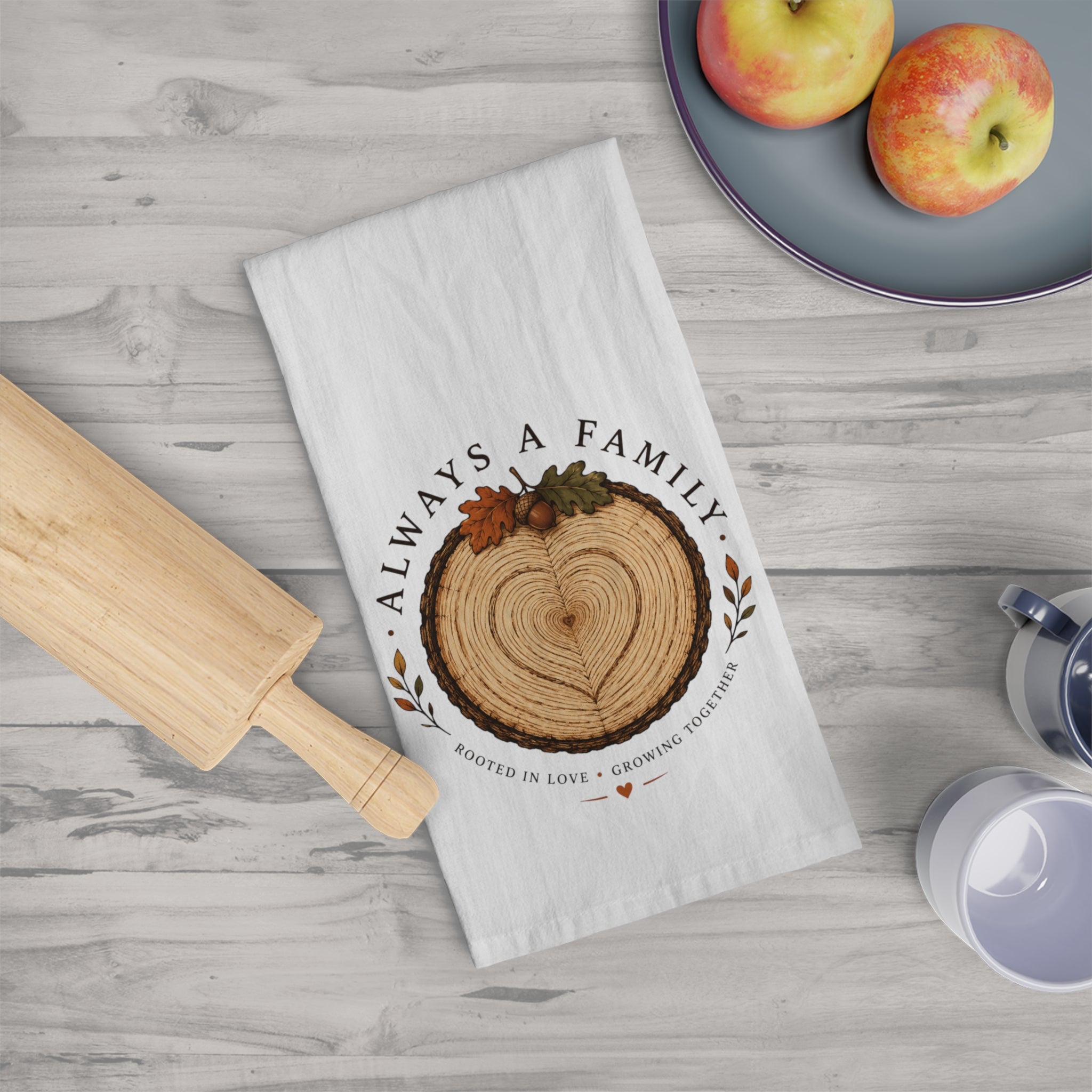 Always a Family Wood Slice Tea Towel – Rustic Family Kitchen Gift