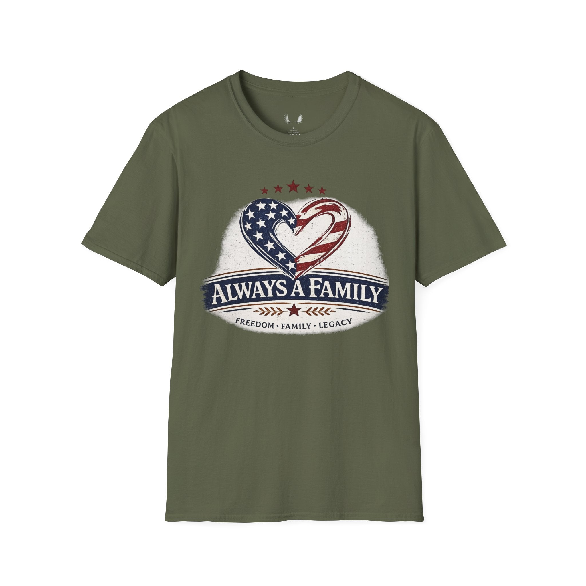 Always a Family T-Shirt — Patriotic Heart Freedom, Family, Legacy Tee