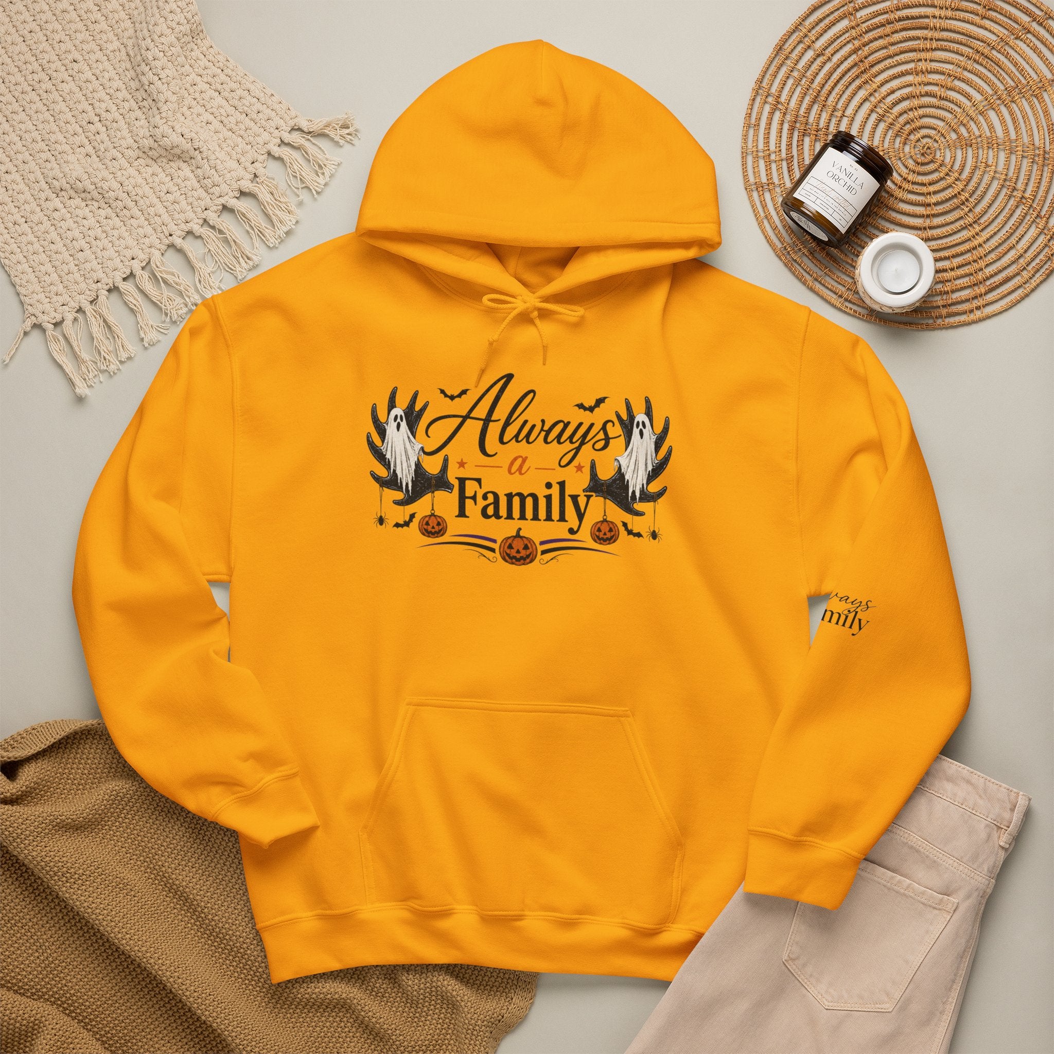 Always a Family Hoodie — Cozy Fall Halloween Antler Graphic Pullover