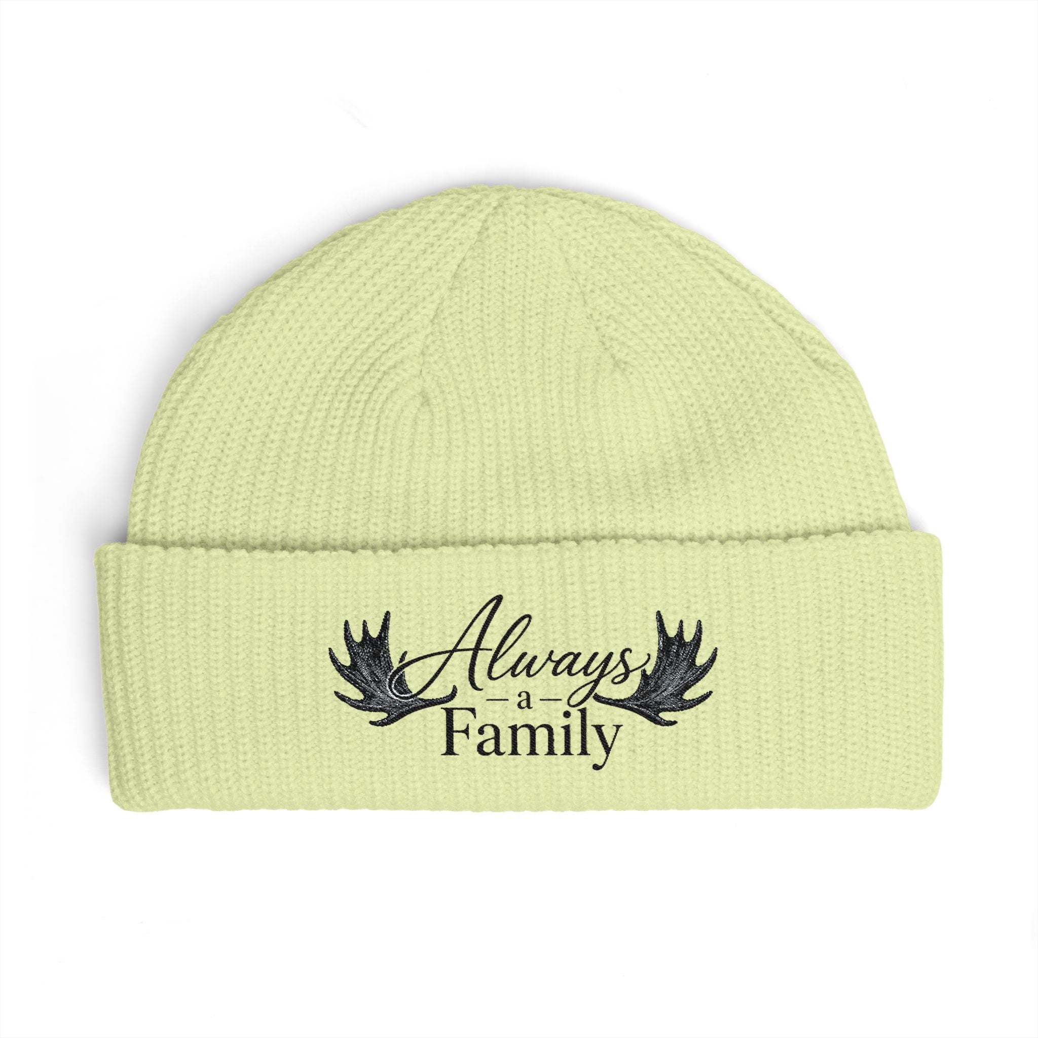 Cuff Beanie — "Always a Family" Embroidered Knit Hat