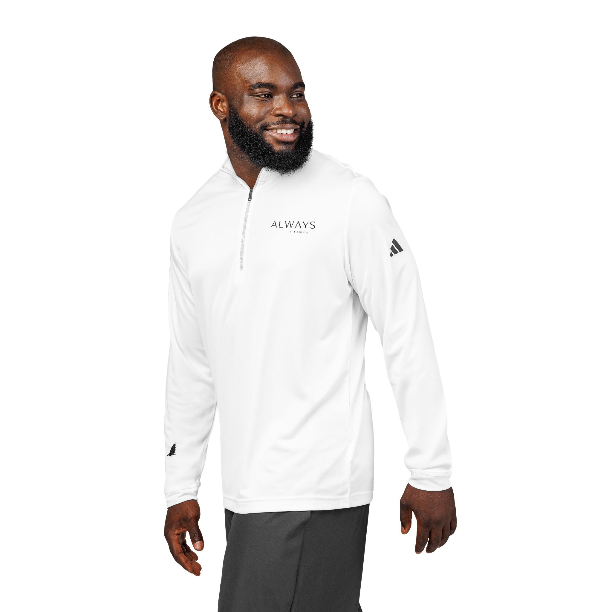 Embroidered Quarter-Zip Pullover — "ALWAYS a family Minimal Logo