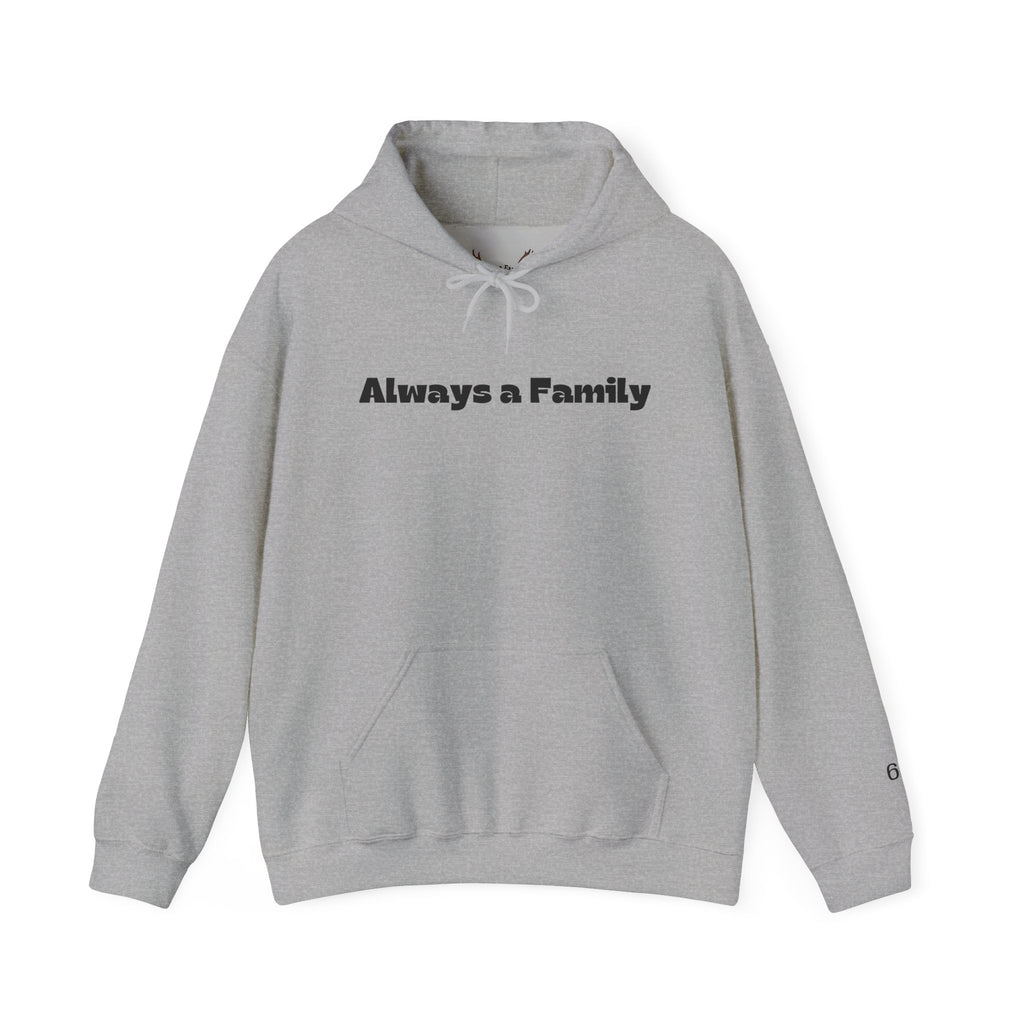 Always a Family Hoodie — Moose Antler Graphic Pullover with Sleeve Numbering