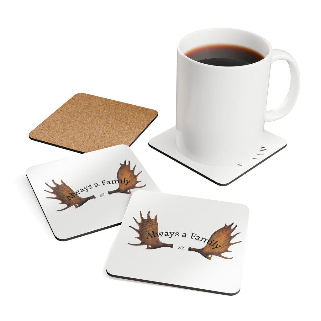 Always a Family Corkwood Coaster Set — Moose Antler Design, Rustic Housewarming Gift