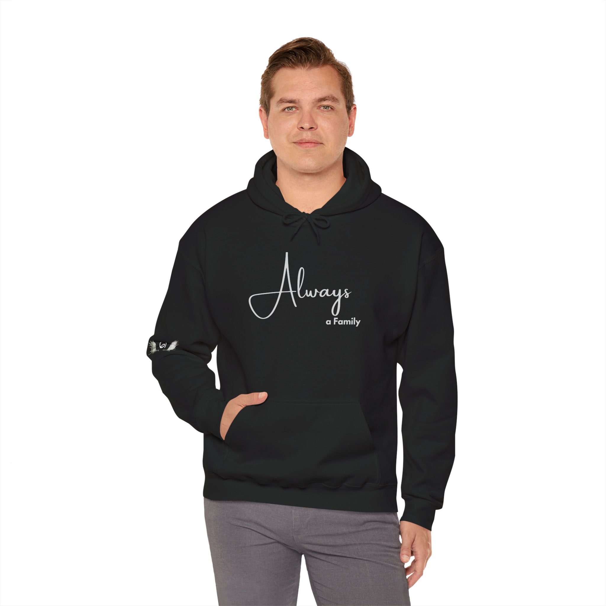 Hoodie — "Always" Minimal Script Pullover with MOOSE Sleeve Accent
