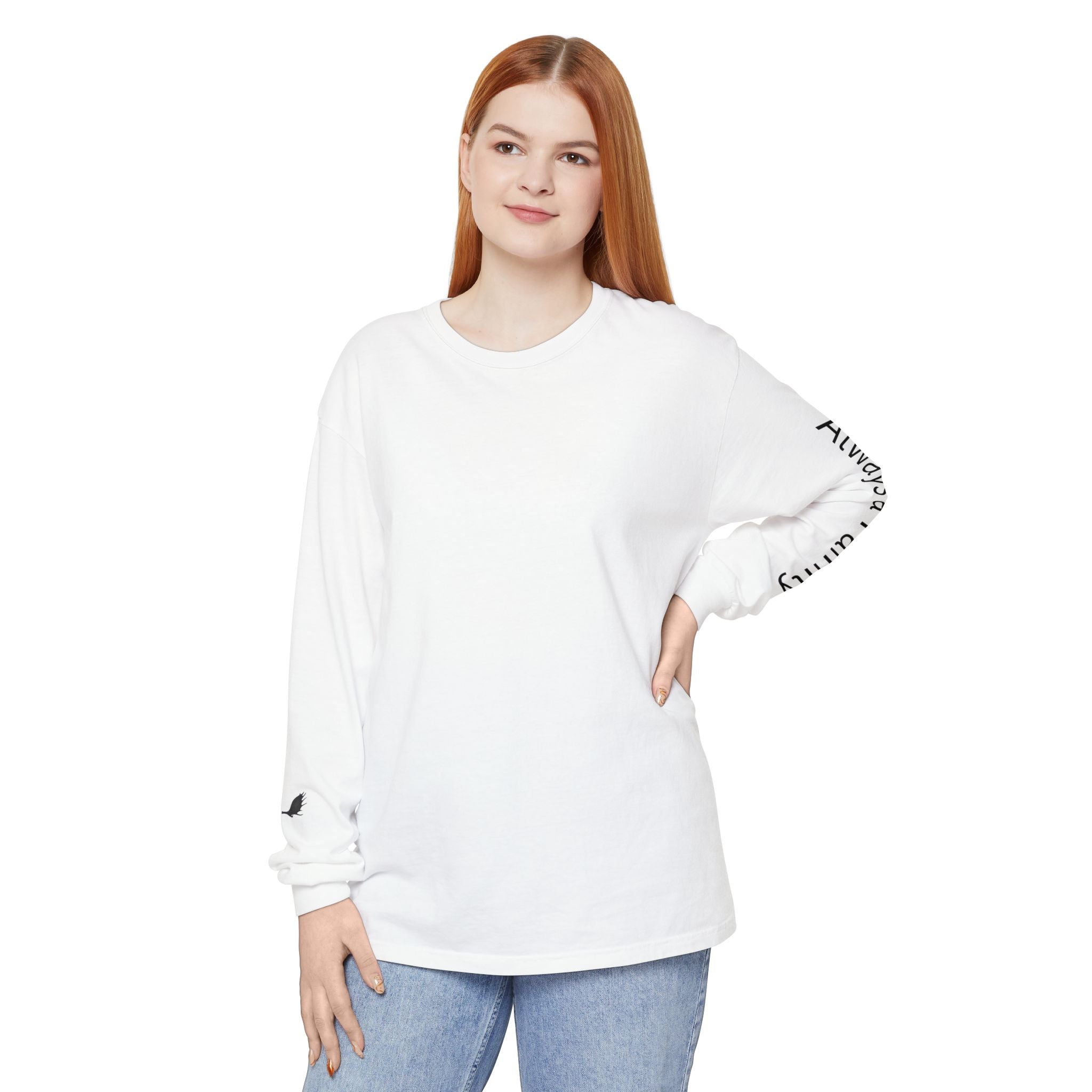 Long Sleeve T‑Shirt — “Always a Family” Sleeve Graphic, Minimal White Crewneck