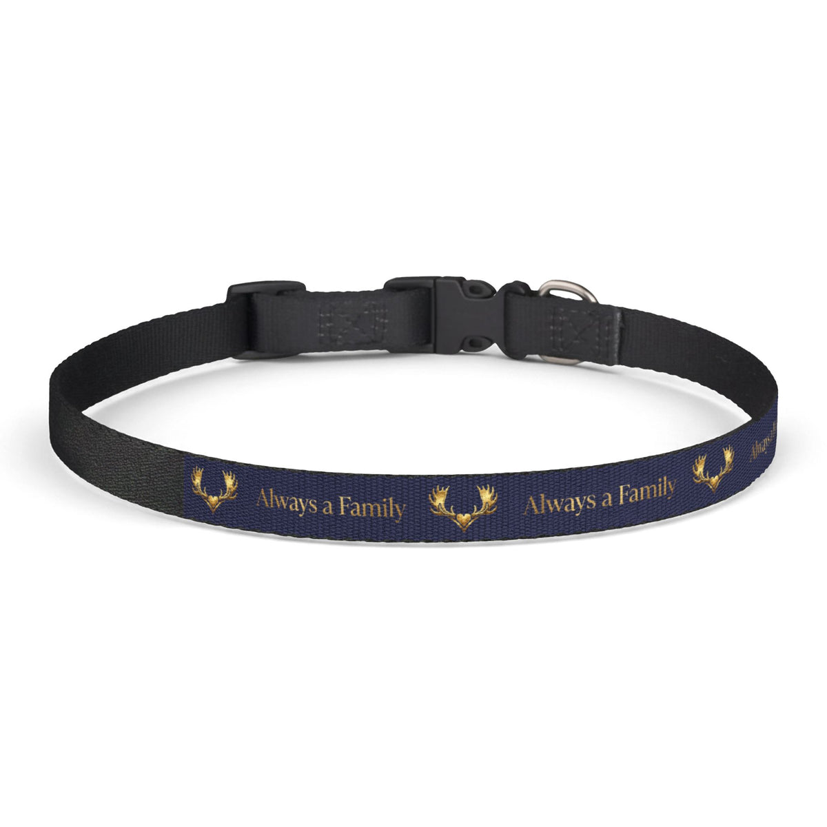 Dog Collar — Navy "Always a Family" Clip-On Collar with Gold Laurel Accent