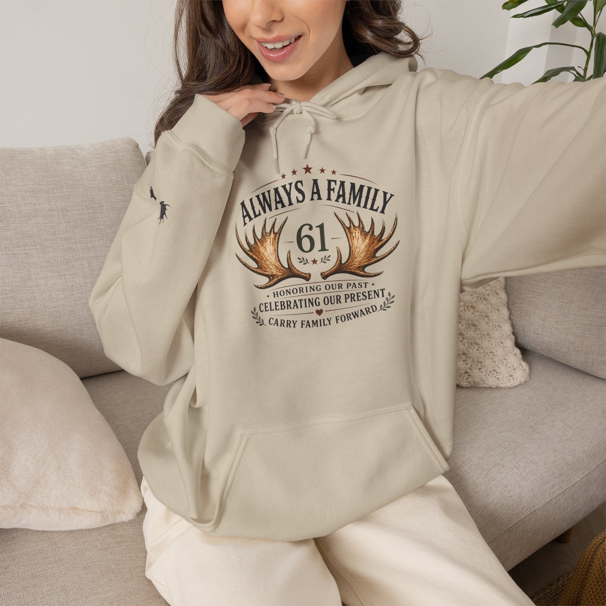 Hoodie — "Always a Family" Heart & Antlers Pullover