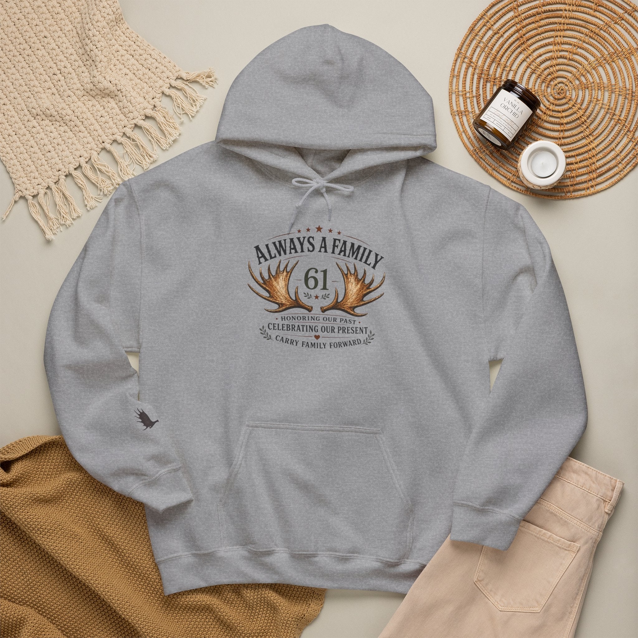 Hoodie — "Always a Family" Heart & Antlers Pullover