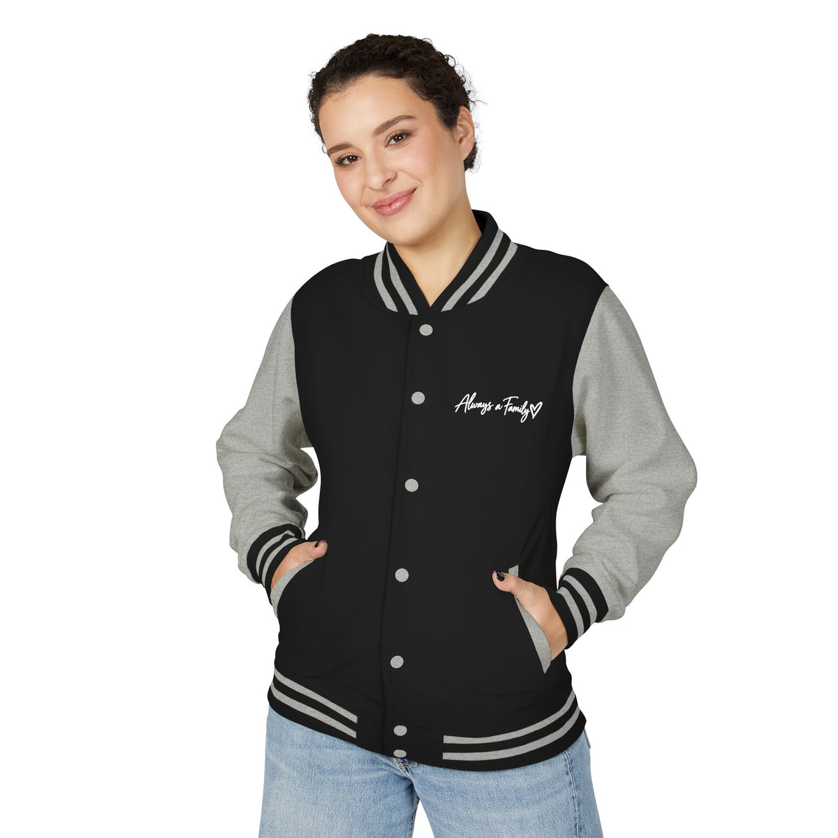 Letterman Jacket —Varsity Jacket with Script Always a Family Chest Logo