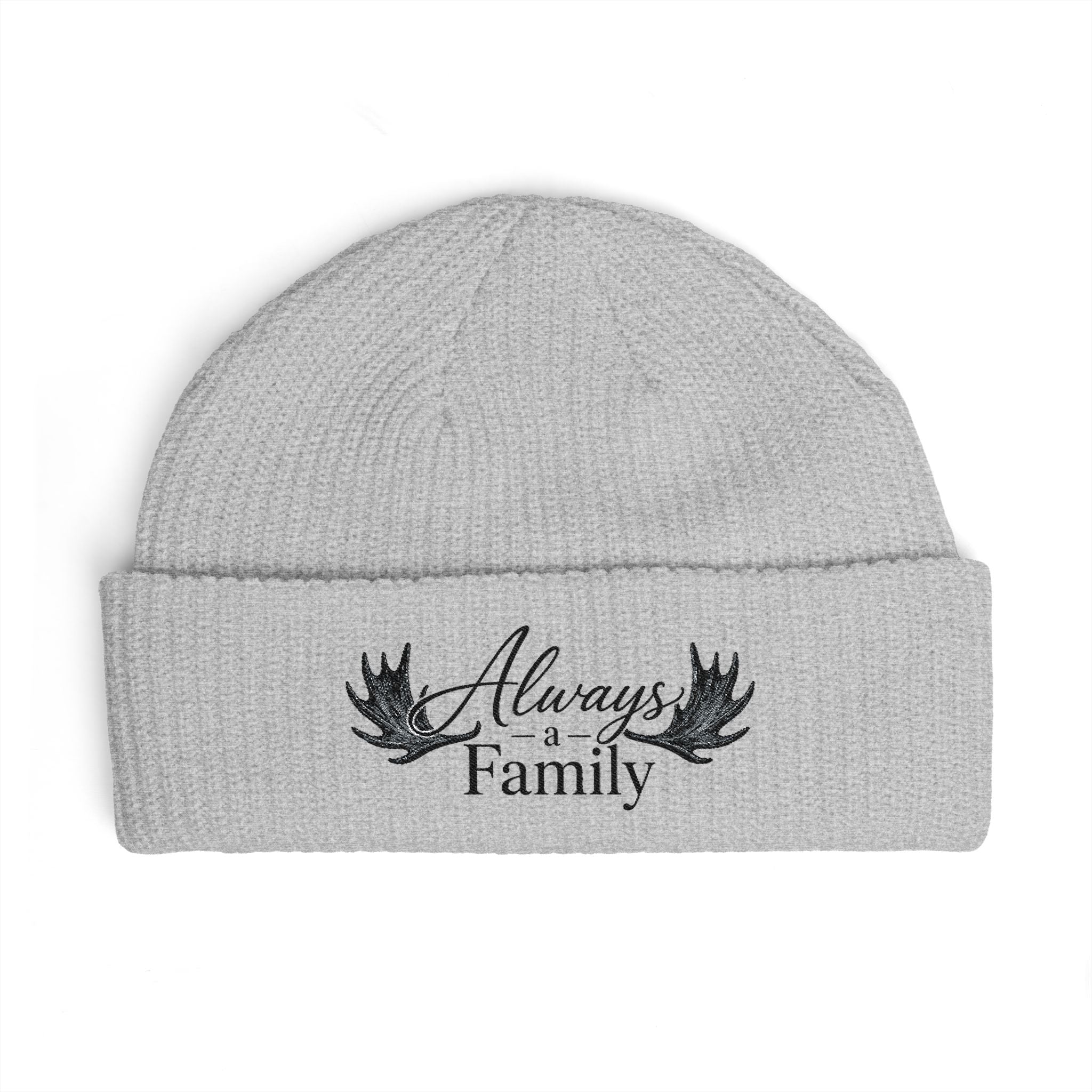 Cuff Beanie — "Always a Family" Embroidered Knit Hat