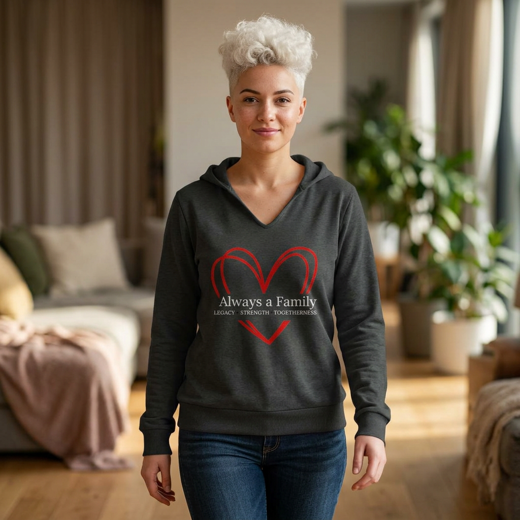 Always a Family Heart Hoodie - "Always a Family" Long Sleeve Women's Hooded Tee