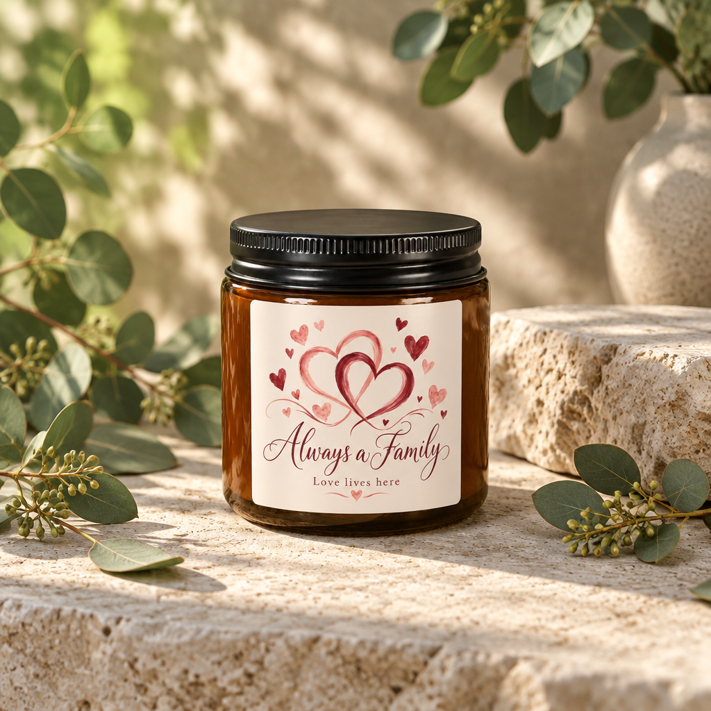 Valentine’s Family Candle — peppered passionfruit  Amber Jar (“Valentine’s Always a Family”)