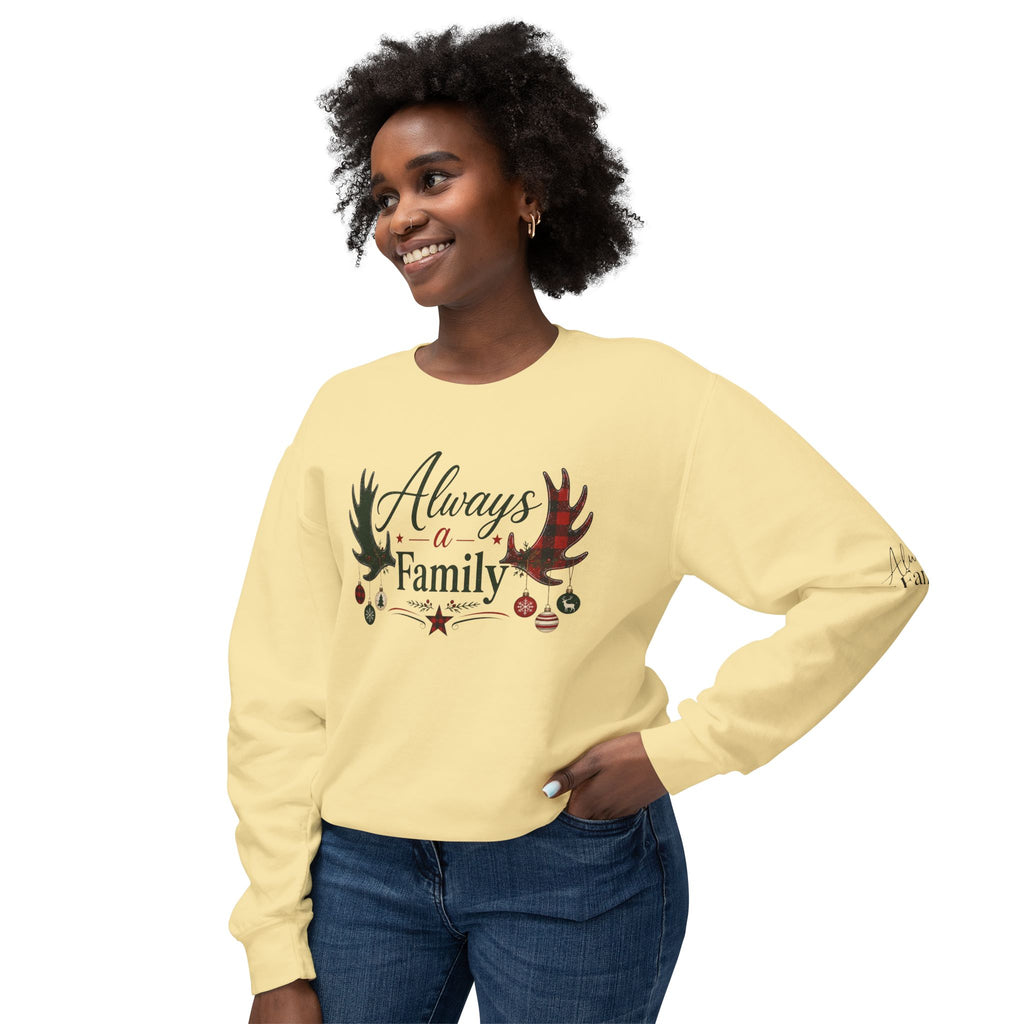 Always a Family Christmas Sweatshirt — Holiday Reindeer Antlers & Ornaments Crewneck