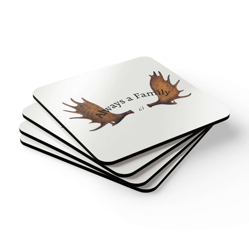 Always a Family Corkwood Coaster Set — Moose Antler Design, Rustic Housewarming Gift