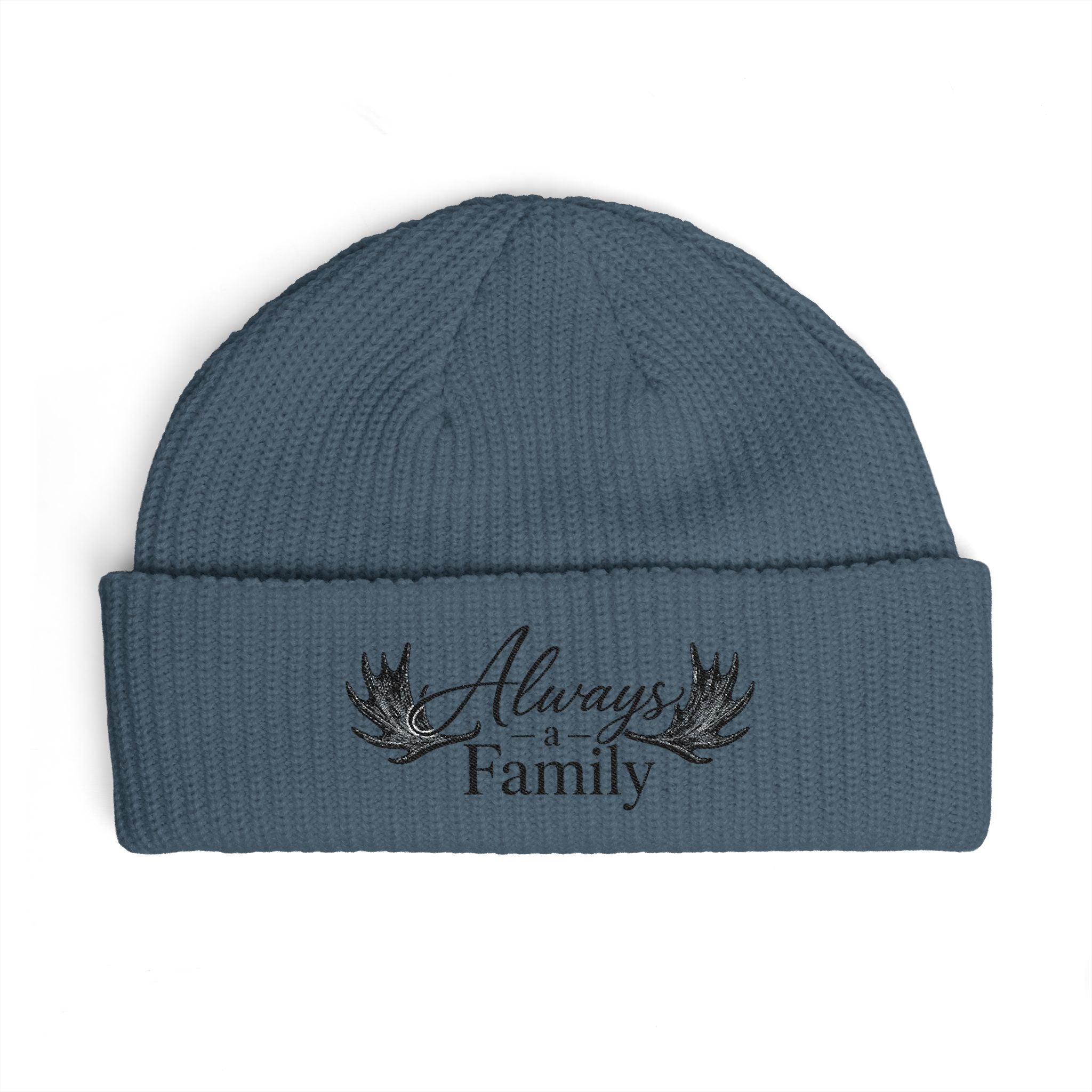 Cuff Beanie — "Always a Family" Embroidered Knit Hat