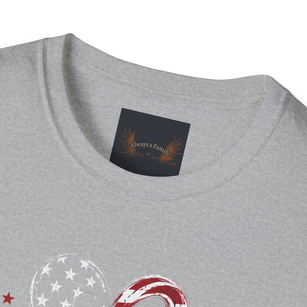Always a Family T-Shirt — American Flag Heart "Family • Freedom" Patriotic Tee