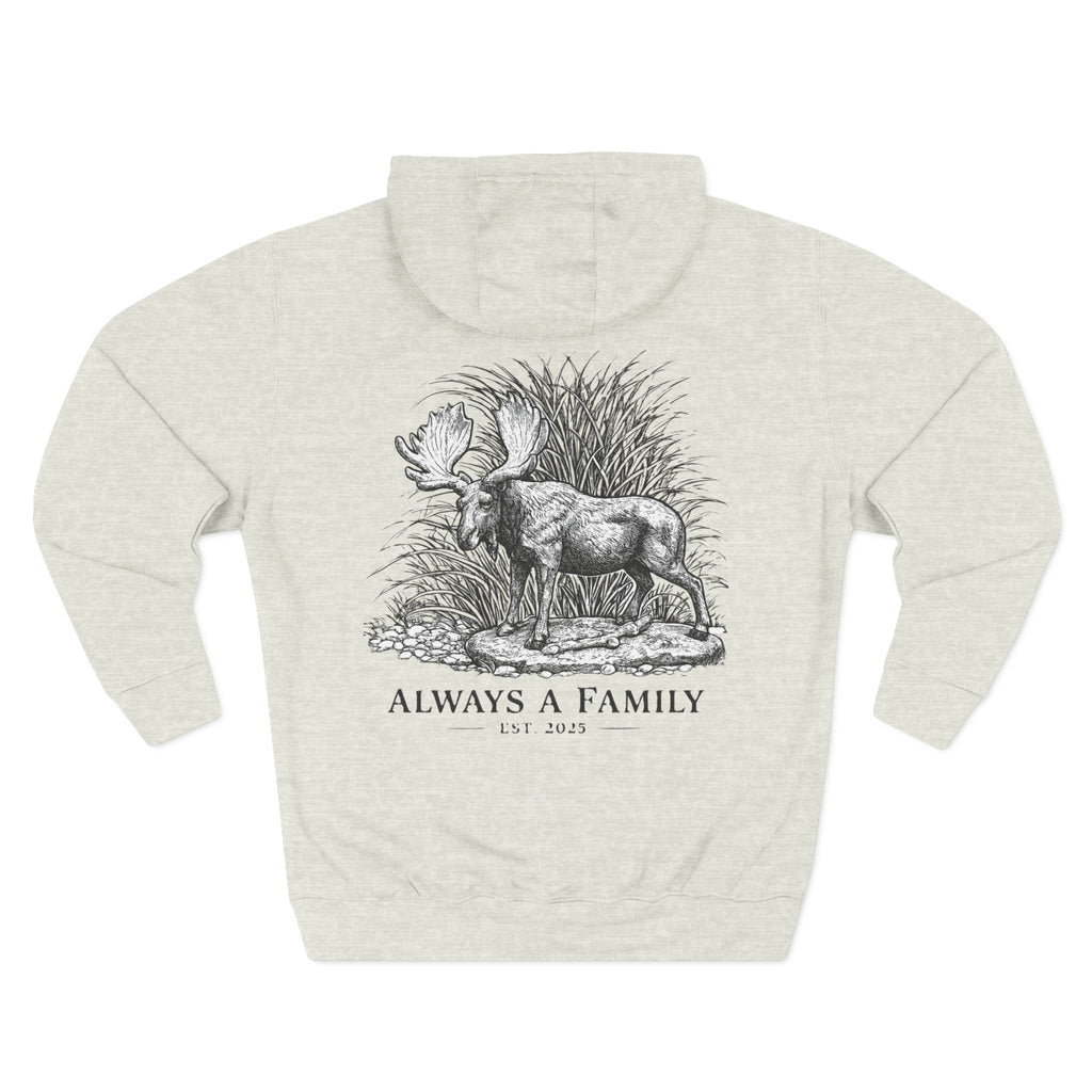 Moose Illustration Hoodie — "Always A Family" Graphic Fleece Hoodie