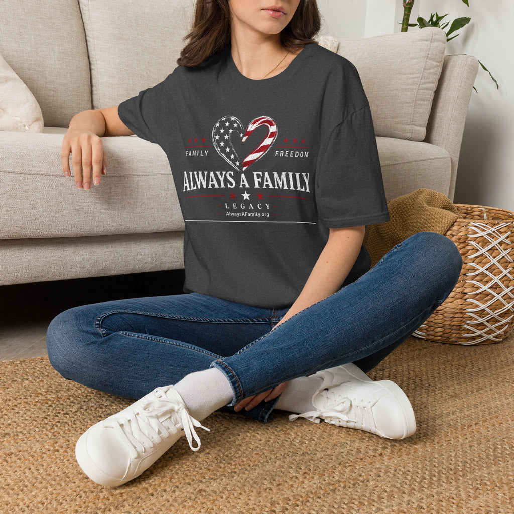 Always a Family T-Shirt — American Flag Heart "Family • Freedom" Patriotic Tee