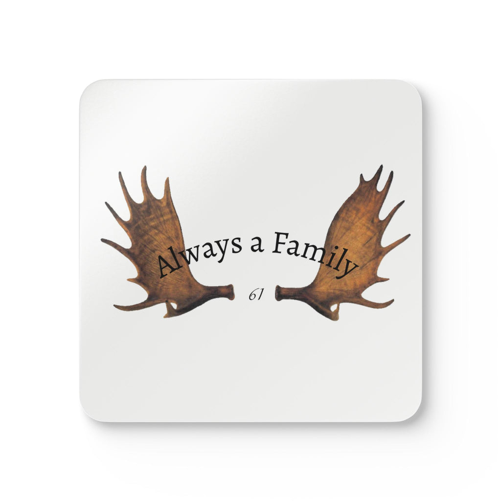 Always a Family Corkwood Coaster Set — Moose Antler Design, Rustic Housewarming Gift