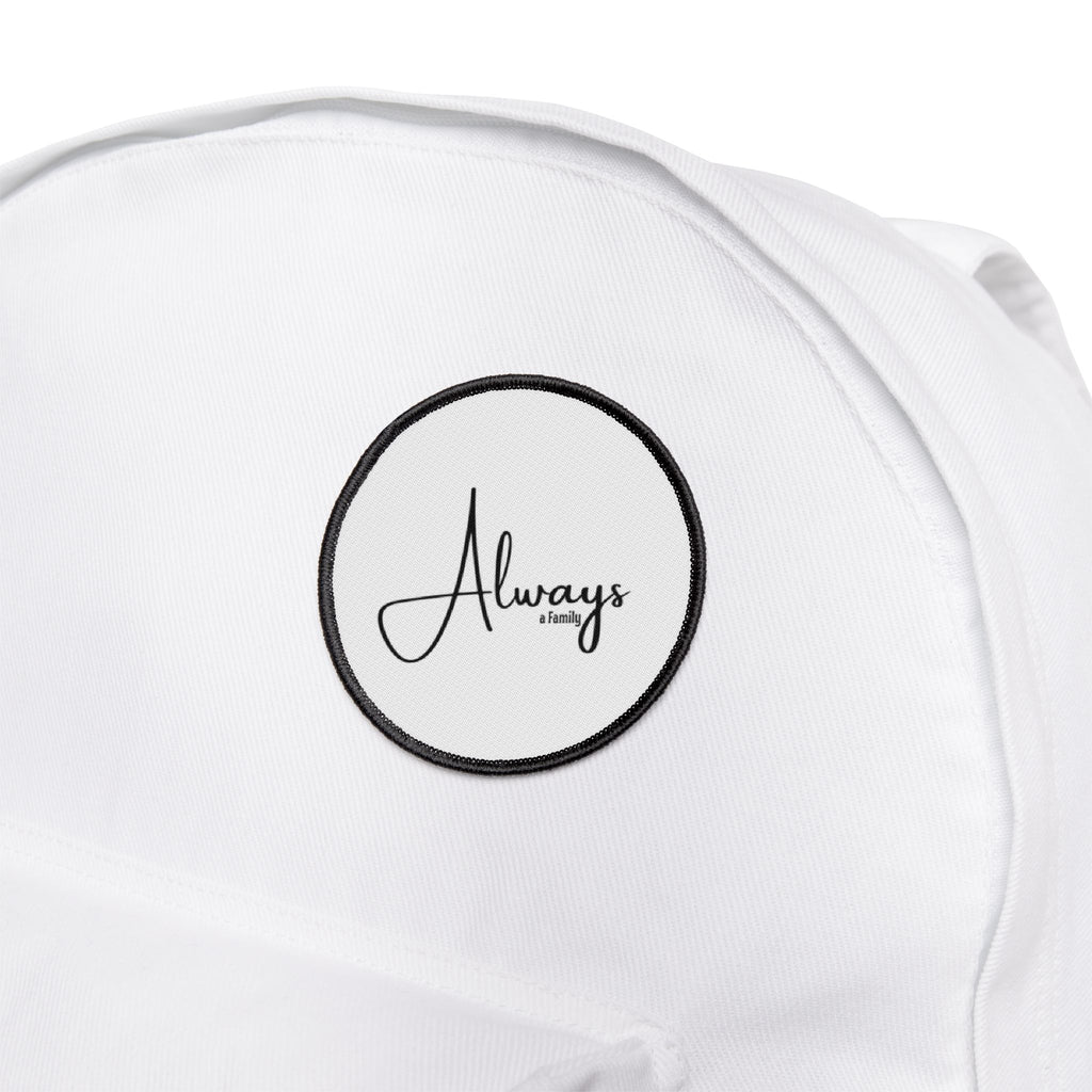 Always Script Iron-On Patch — Round Black-Trim Badge for Jackets, Bags & Hats