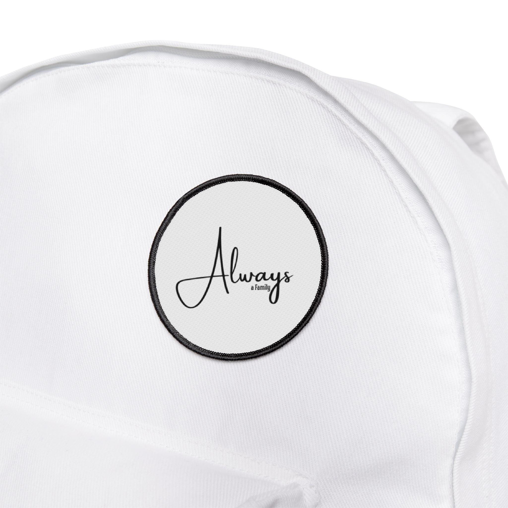 Always Script Iron-On Patch — Round Black-Trim Badge for Jackets, Bags & Hats