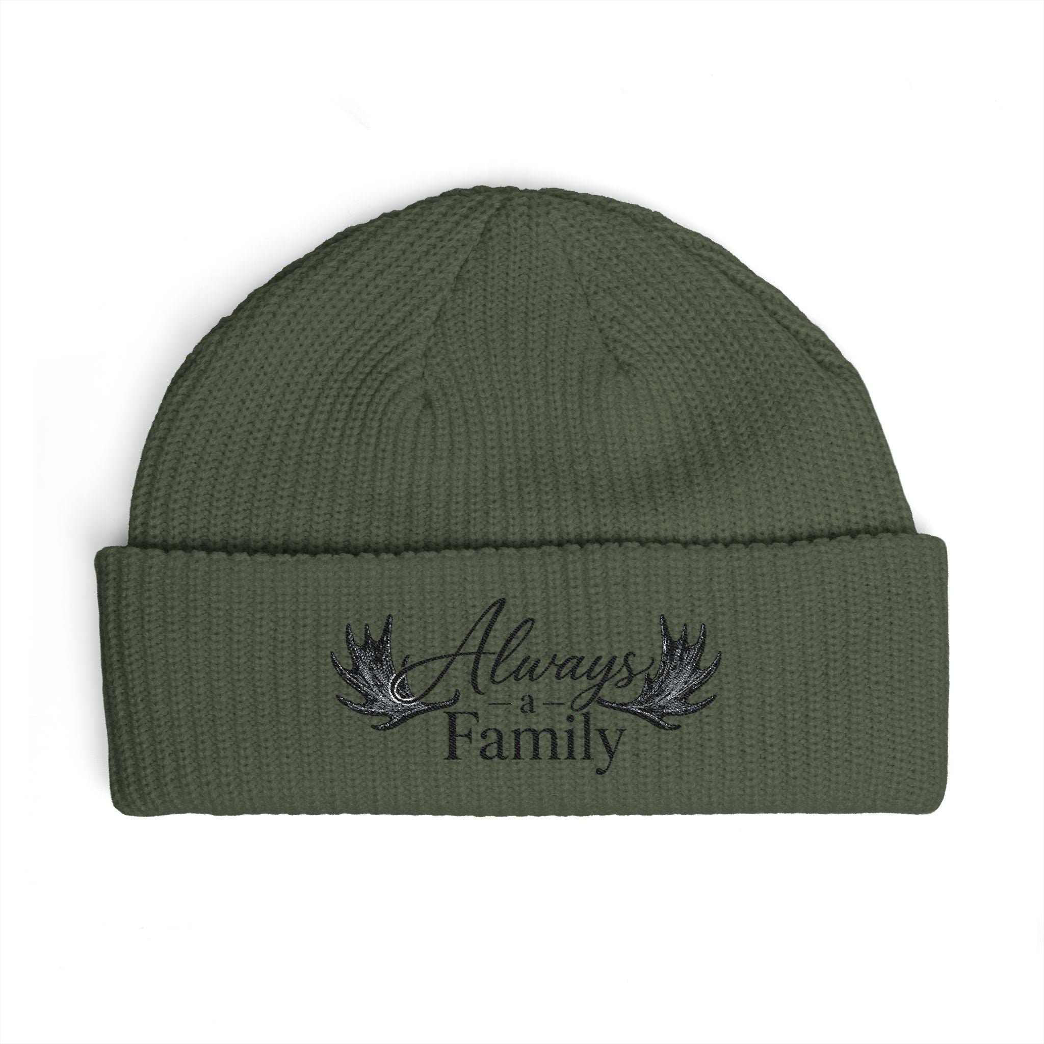 Cuff Beanie — "Always a Family" Embroidered Knit Hat
