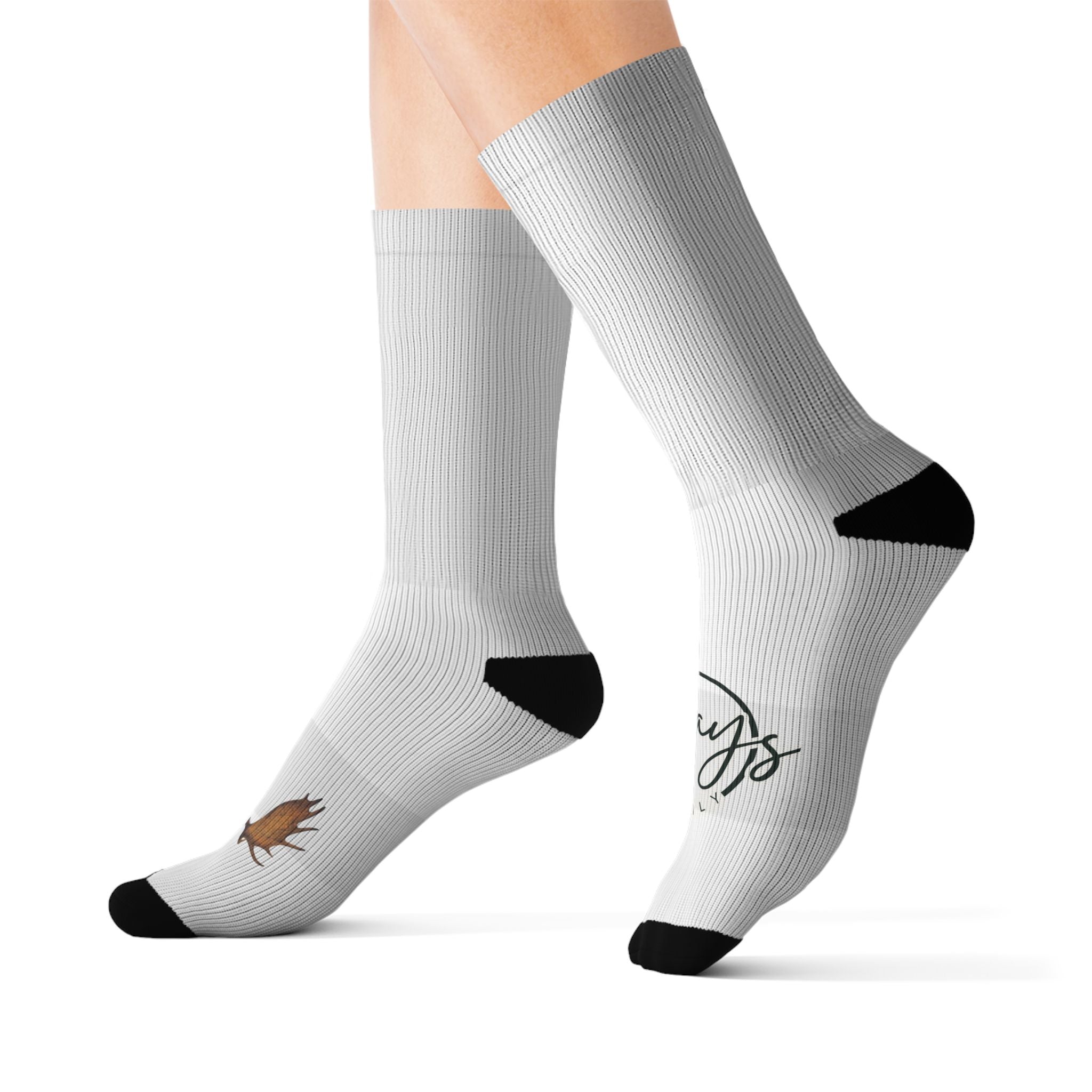 White Sublimation Socks with MOOSE ANTLERS— Lightweight Custom Crew Socks