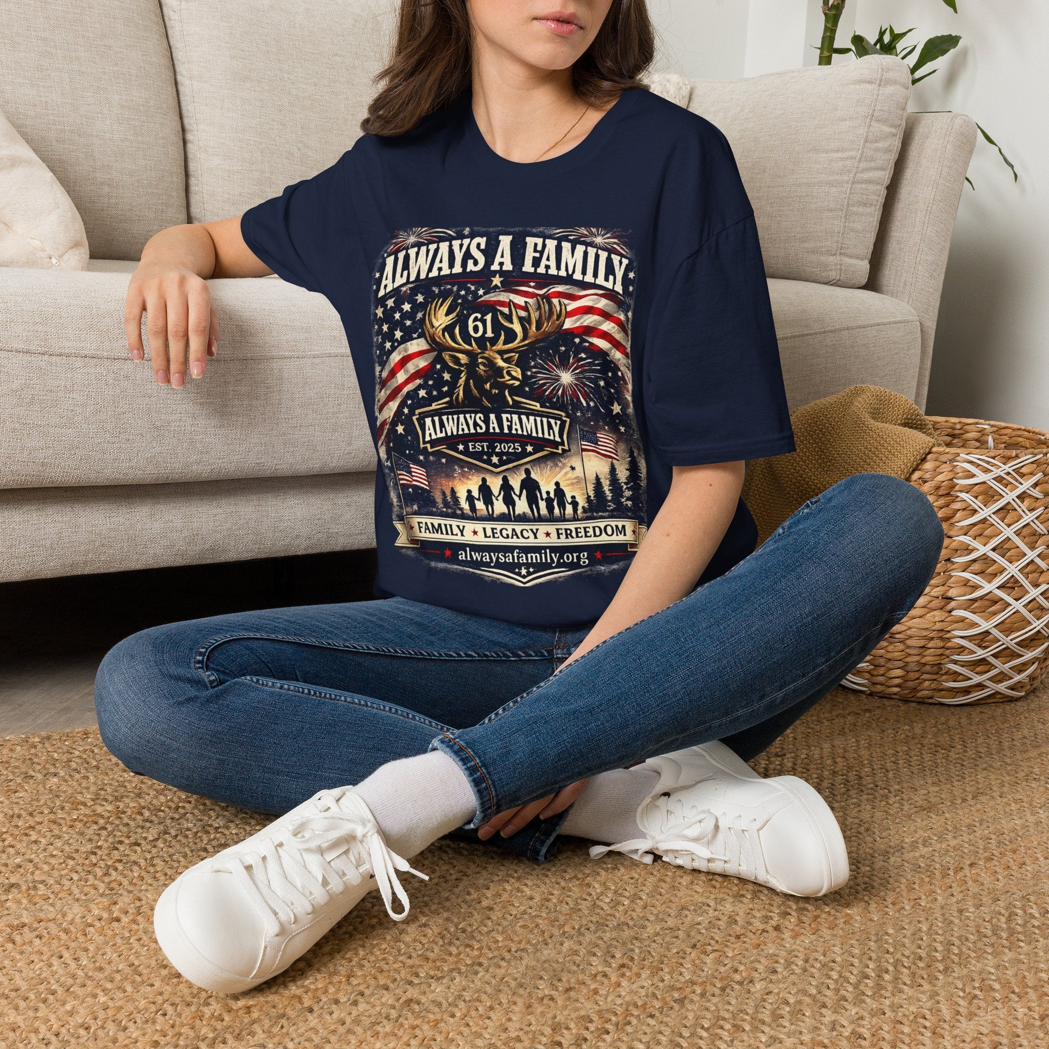 T-Shirt — "Always A Family" American Flag Moose Graphic (61)