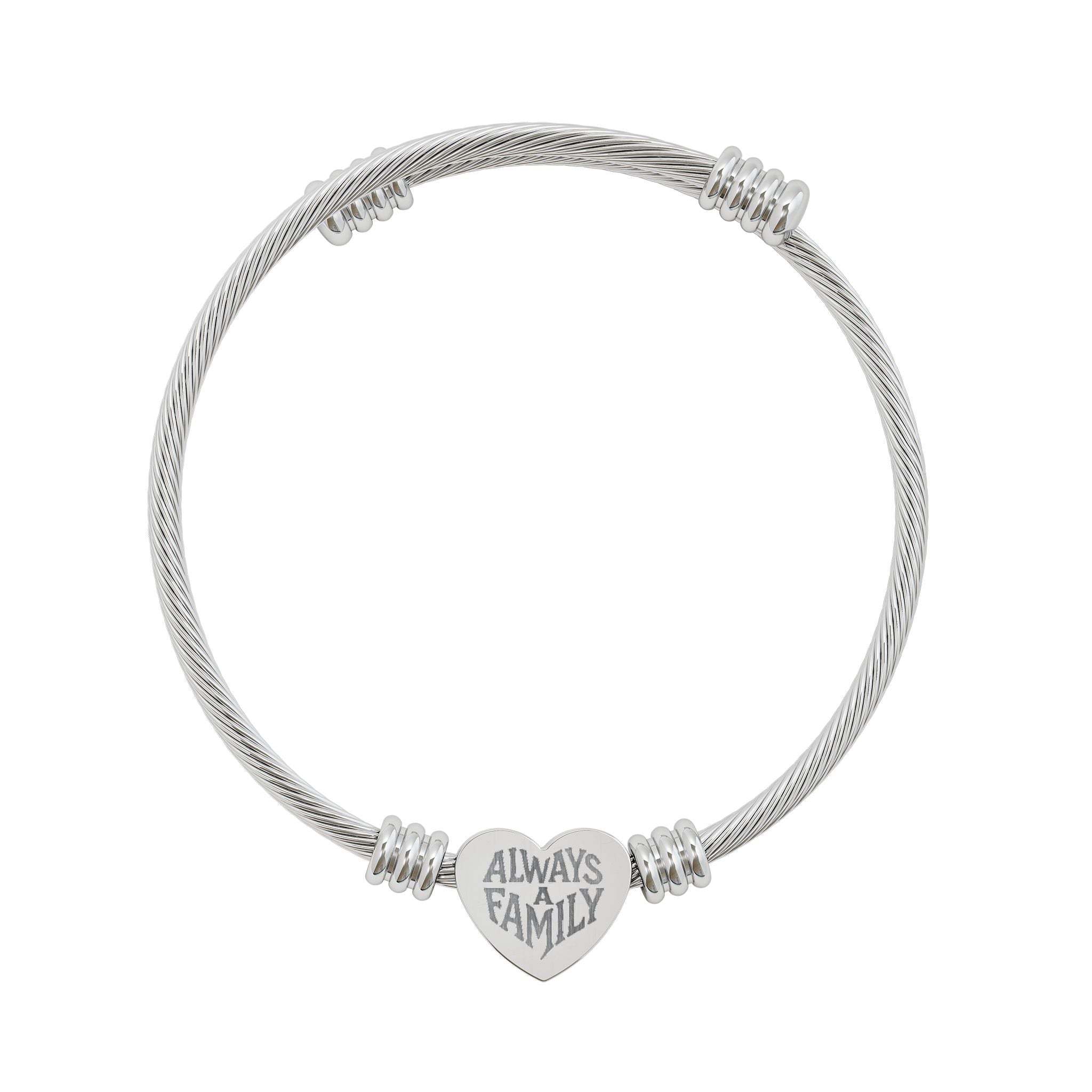 Engravable Heart Cuff Bracelet — "Always Family" Cable Bangle (Silver or Gold)