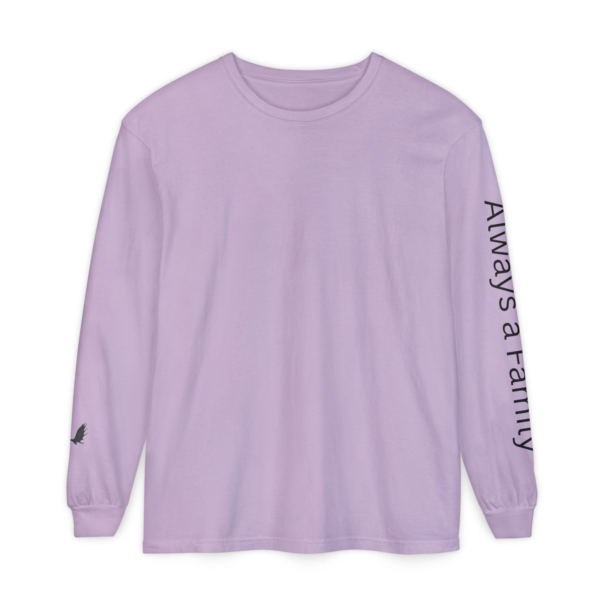 Long Sleeve T‑Shirt — “Always a Family” Sleeve Graphic, Minimal White Crewneck