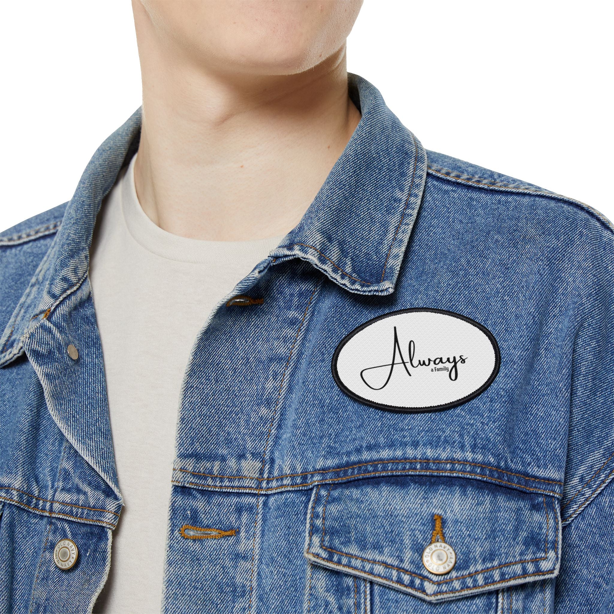 Always Script Iron-On Patch — Round Black-Trim Badge for Jackets, Bags & Hats