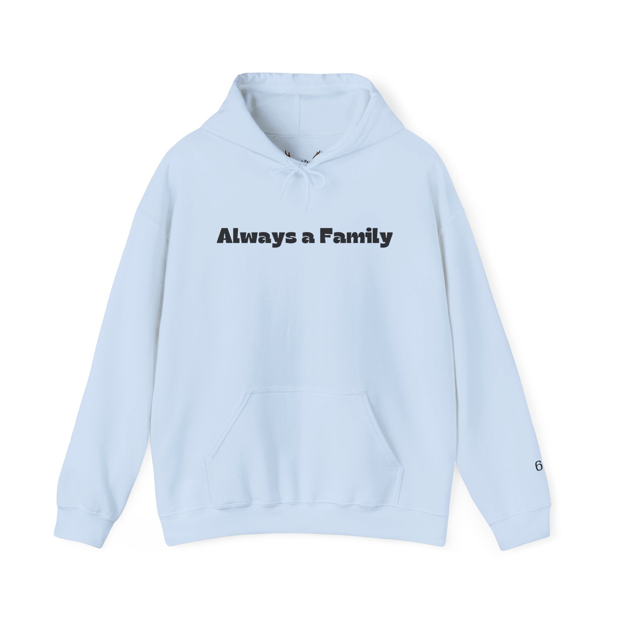 Always a Family Hoodie — Moose Antler Graphic Pullover with Sleeve Numbering