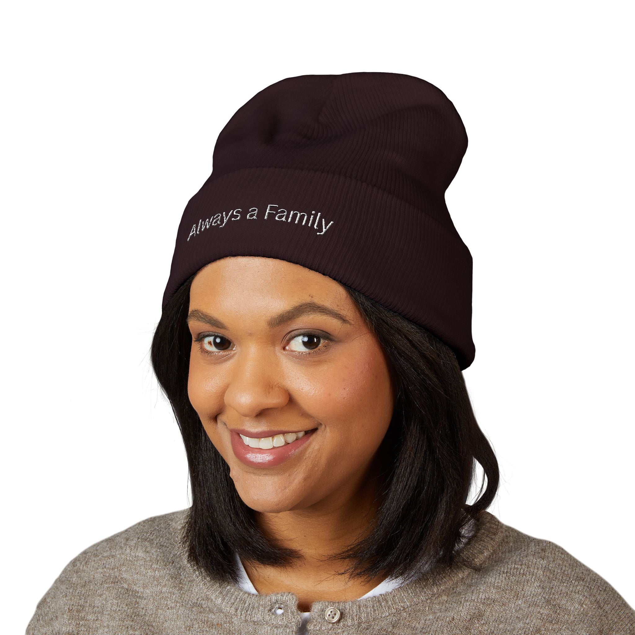 Always a Family Embroidered Beanie — Classic Cuffed Knit Hat