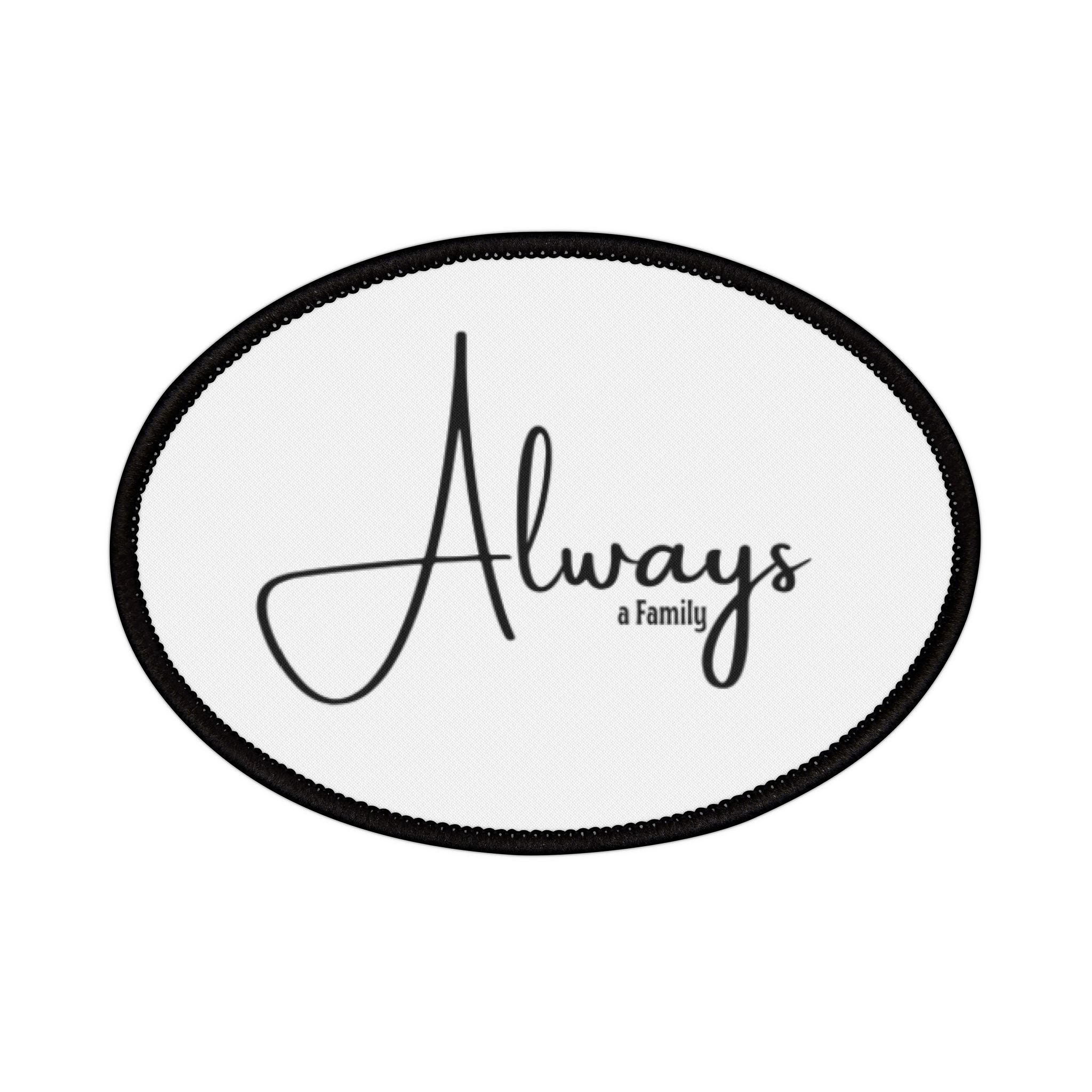 Always Script Iron-On Patch — Round Black-Trim Badge for Jackets, Bags & Hats