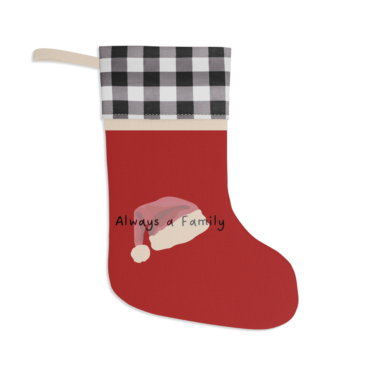 Christmas Stocking — Personalized Buffalo Plaid Santa Hat Stocking ("Always a Family")
