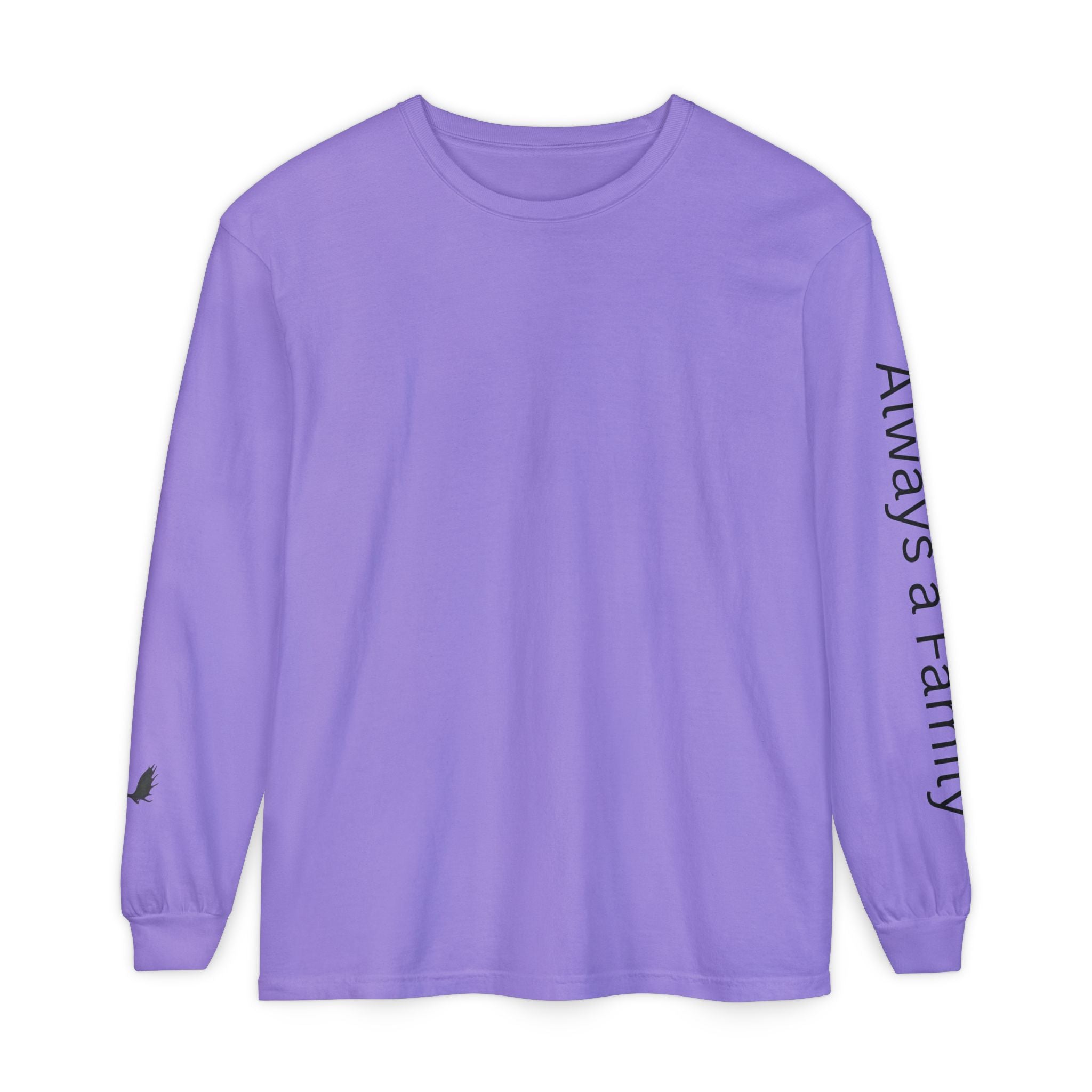 Long Sleeve T‑Shirt — “Always a Family” Sleeve Graphic, Minimal White Crewneck