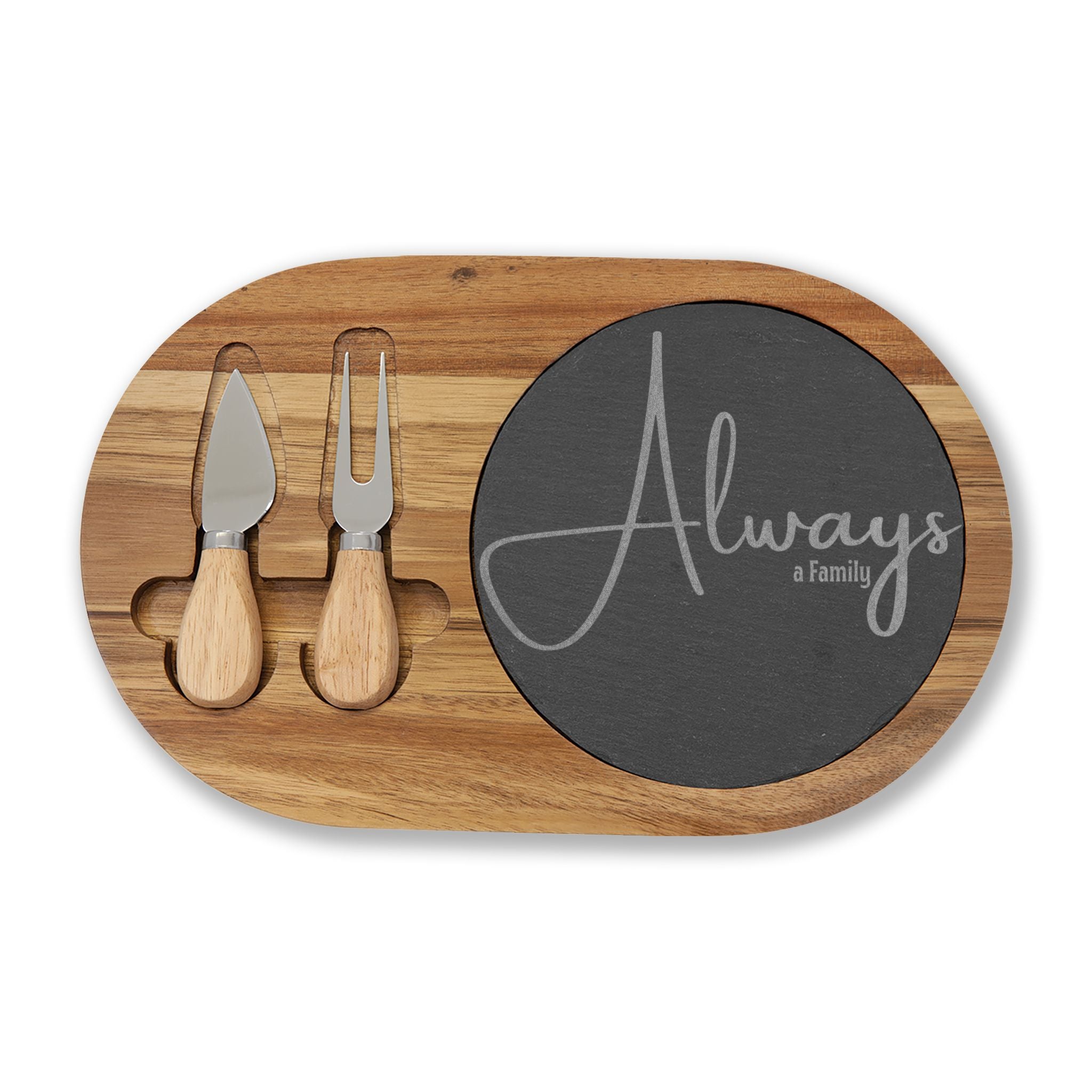 Engraved Bamboo Charcuterie Board with Slate Insert & Cheese Knives — "Always" Design