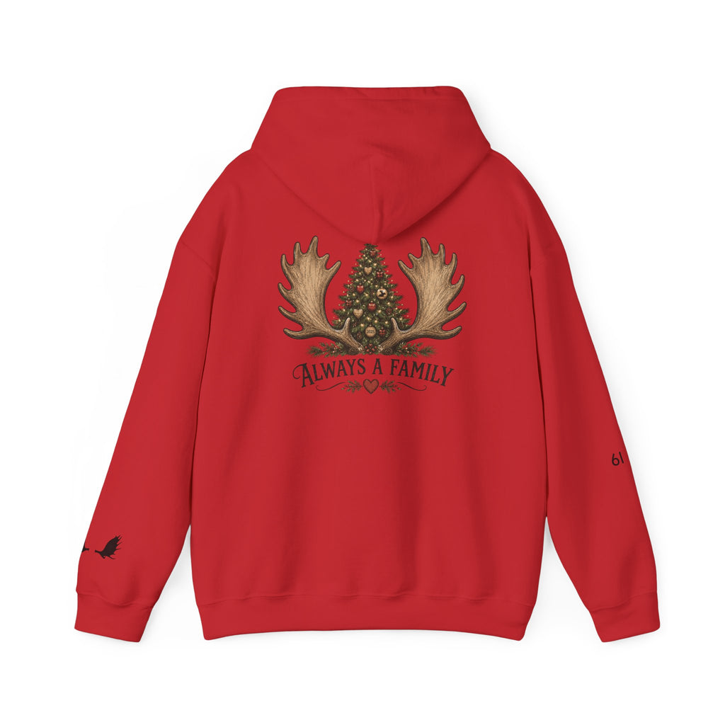 Hoodie — "Always a Family" Christmas Moose Antler Tree Holiday Hoodie
