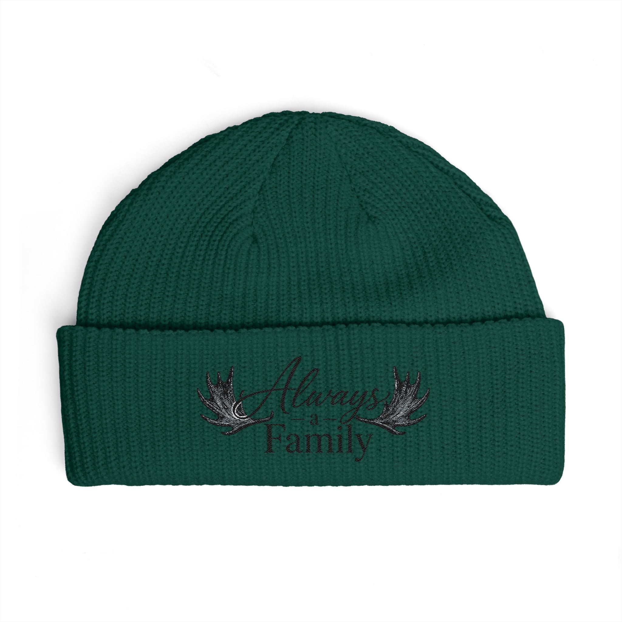 Cuff Beanie — "Always a Family" Embroidered Knit Hat