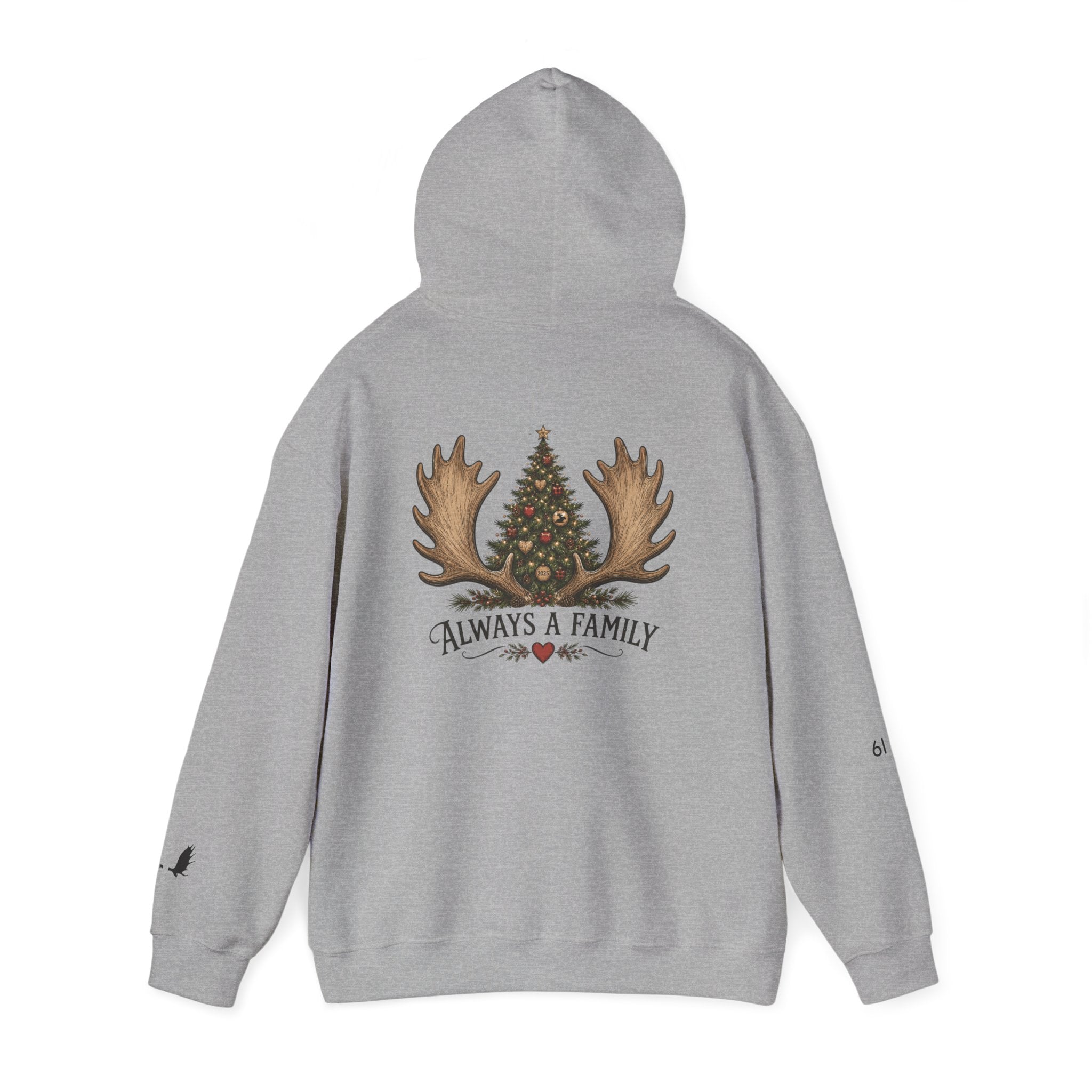 Hoodie — "Always a Family" Christmas Moose Antler Tree Holiday Hoodie